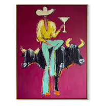 Two Horns Hold Balance - cowboy between bulls painting by Ethan Mercer, contemporary Western vertical wall art – wood frame on white background