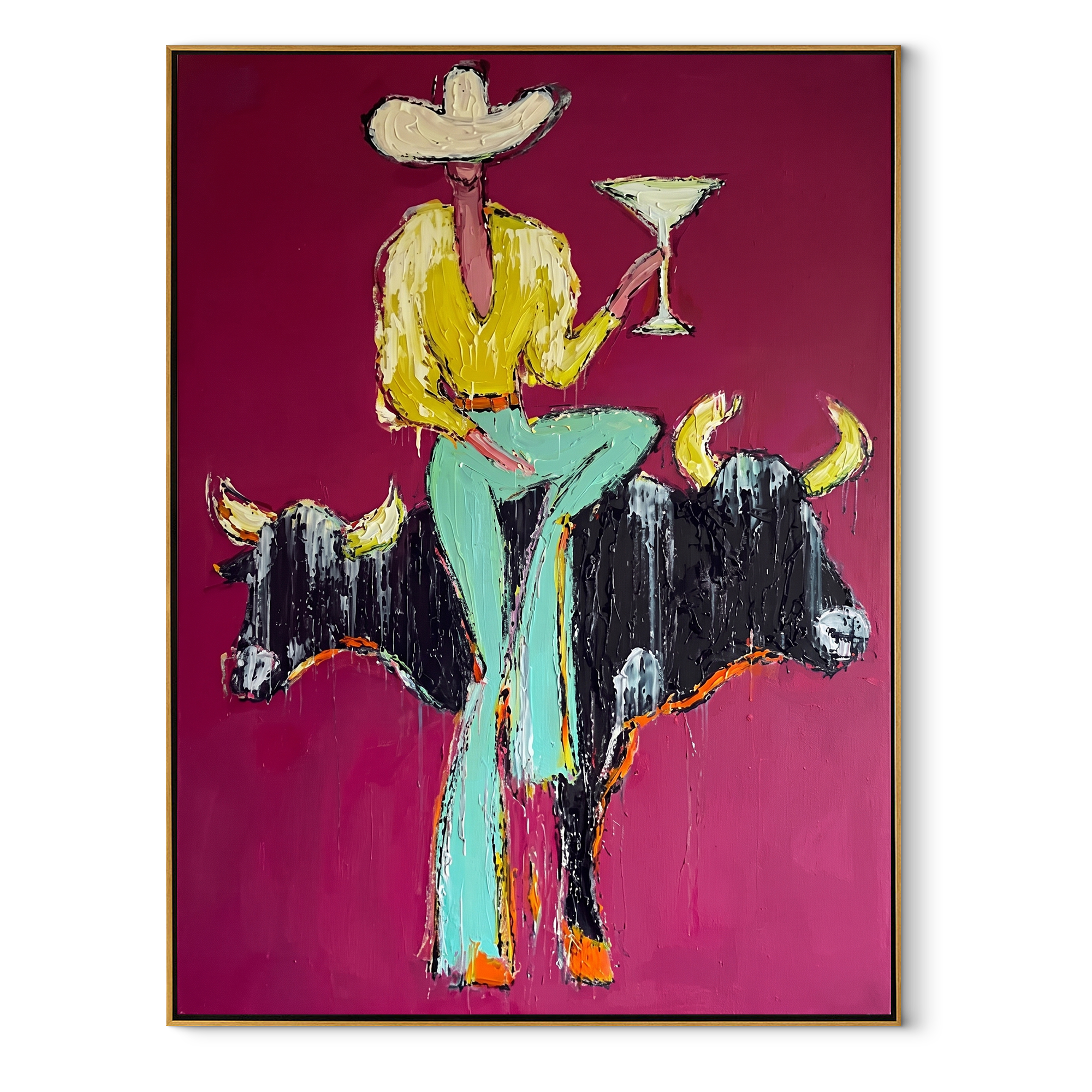 Two Horns Hold Balance - cowboy between bulls painting by Ethan Mercer, contemporary Western vertical wall art – wood frame on white background