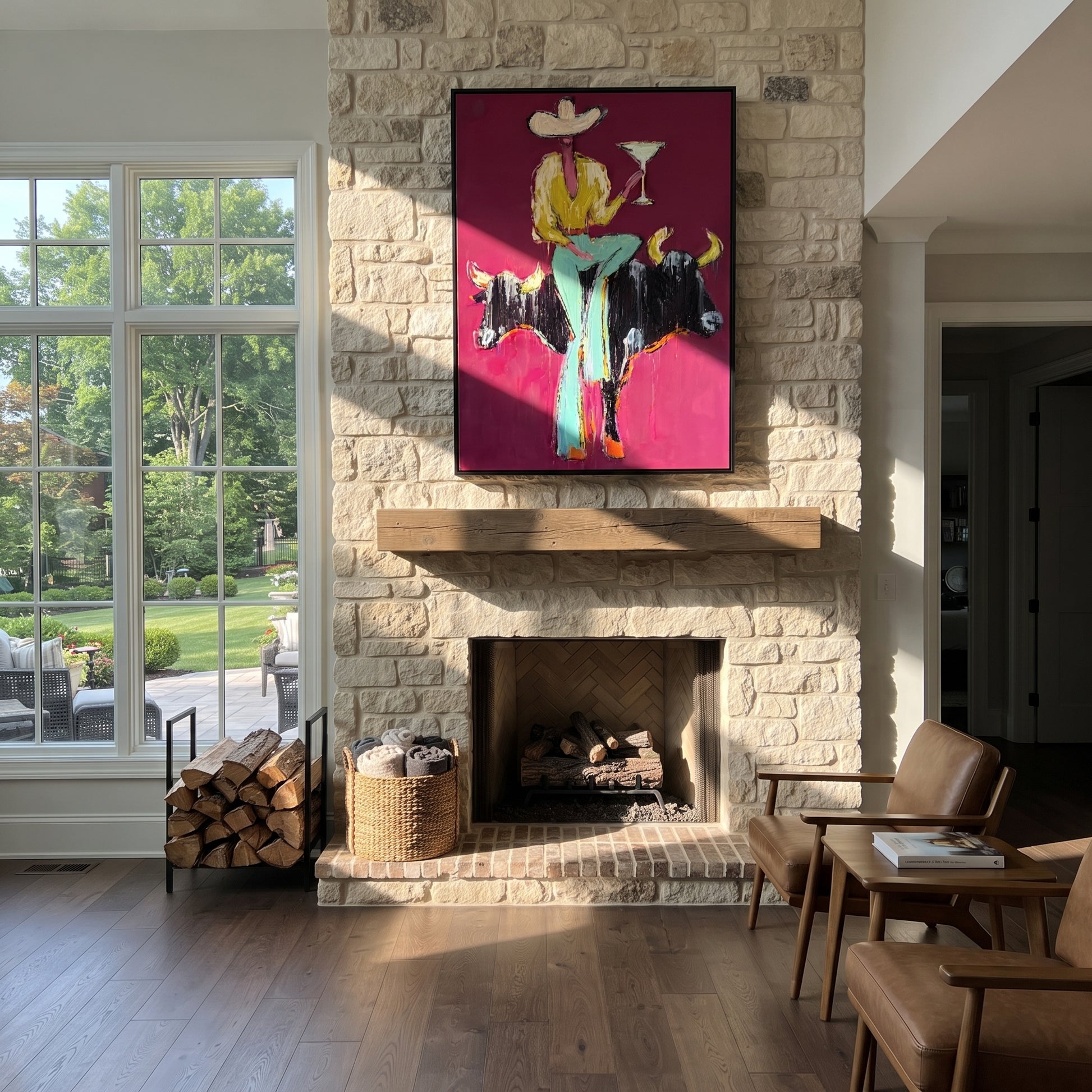 Two Horns Hold Balance - cowboy between bulls painting by Ethan Mercer, contemporary Western vertical wall art – styled room scene view 2