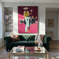 Two Horns Hold Balance - cowboy between bulls painting by Ethan Mercer, contemporary Western vertical wall art – styled room scene view 3