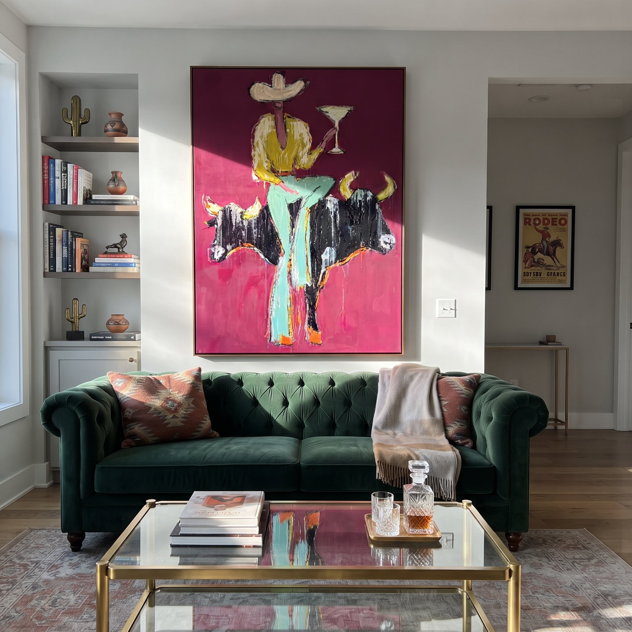 Two Horns Hold Balance - cowboy between bulls painting by Ethan Mercer, contemporary Western vertical wall art – styled room scene view 3