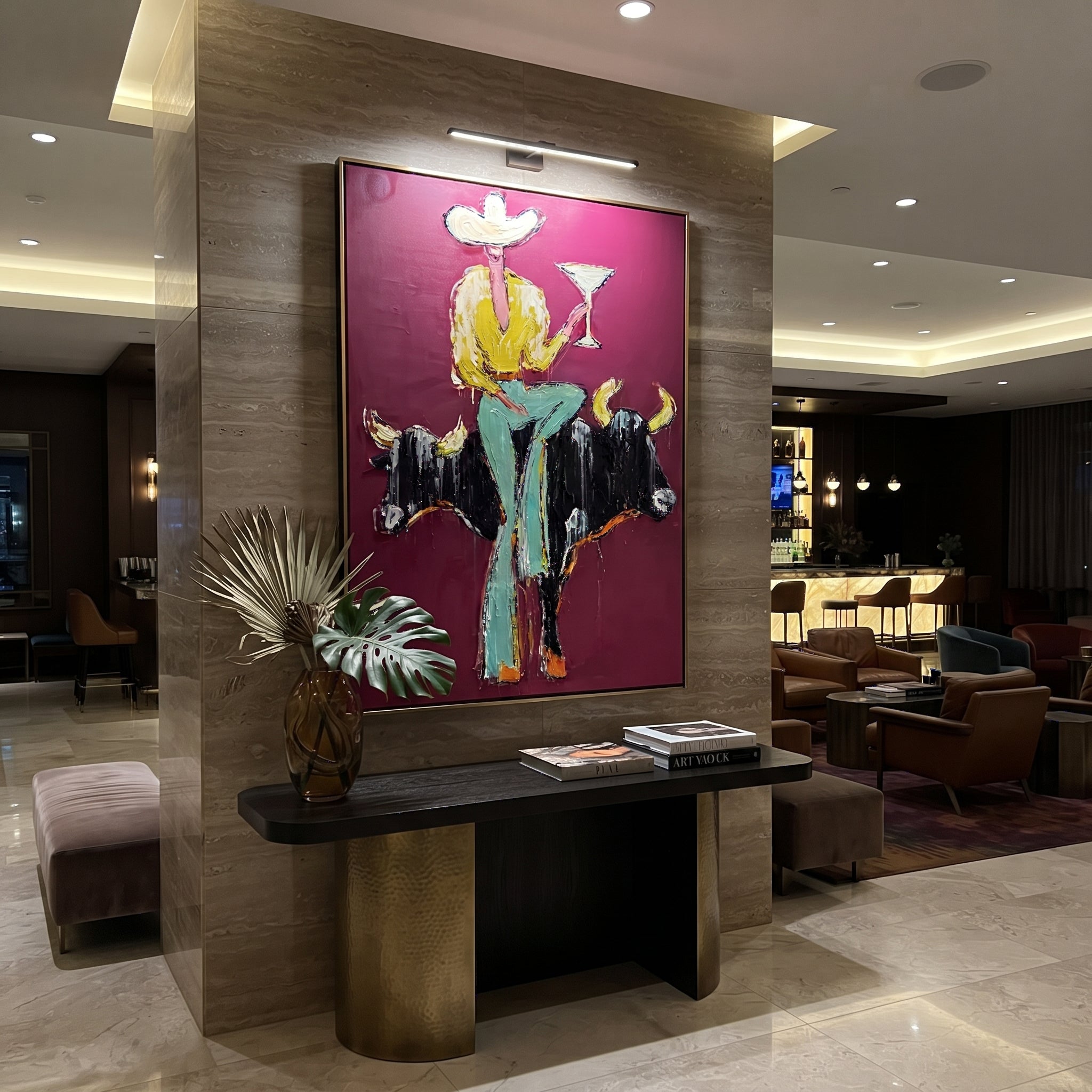Two Horns Hold Balance - cowboy between bulls painting by Ethan Mercer, contemporary Western vertical wall art – styled room scene view 4