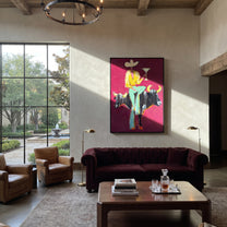Two Horns Hold Balance - cowboy between bulls painting by Ethan Mercer, contemporary Western vertical wall art – styled room scene view 6