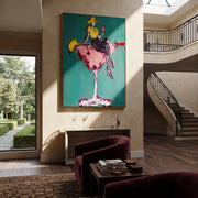 Pink Glass Carries Gold - cowgirl in martini glass painting by Ethan Mercer, contemporary Western vertical wall art – styled room scene view 1