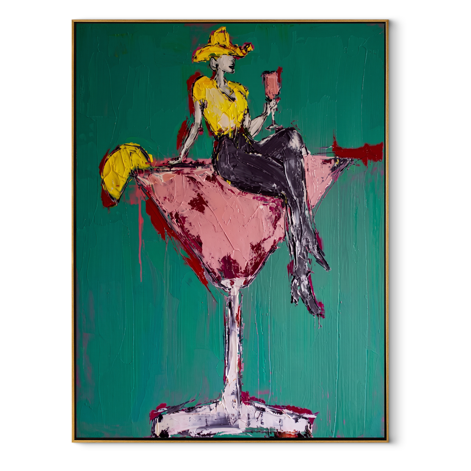 Pink Glass Carries Gold - cowgirl in martini glass painting by Ethan Mercer, contemporary Western vertical wall art – wood frame on white background