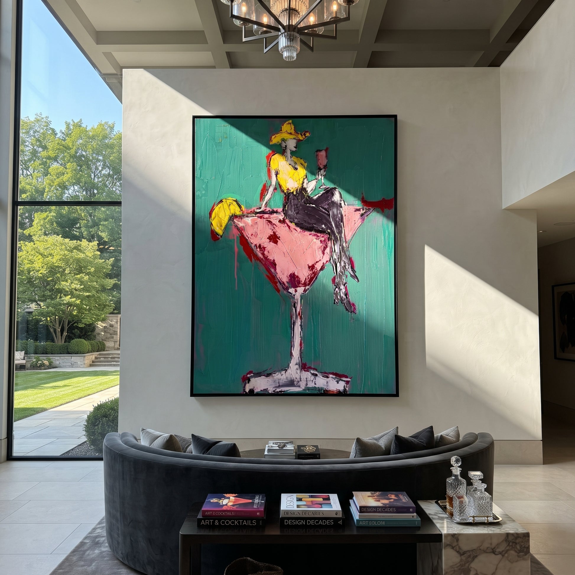 Pink Glass Carries Gold - cowgirl in martini glass painting by Ethan Mercer, contemporary Western vertical wall art – styled room scene view 2