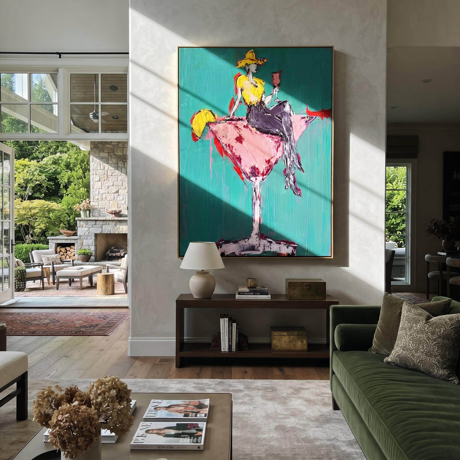 Pink Glass Carries Gold - cowgirl in martini glass painting by Ethan Mercer, contemporary Western vertical wall art – styled room scene view 3