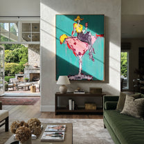 Pink Glass Carries Gold - cowgirl in martini glass painting by Ethan Mercer, contemporary Western vertical wall art – styled room scene view 3