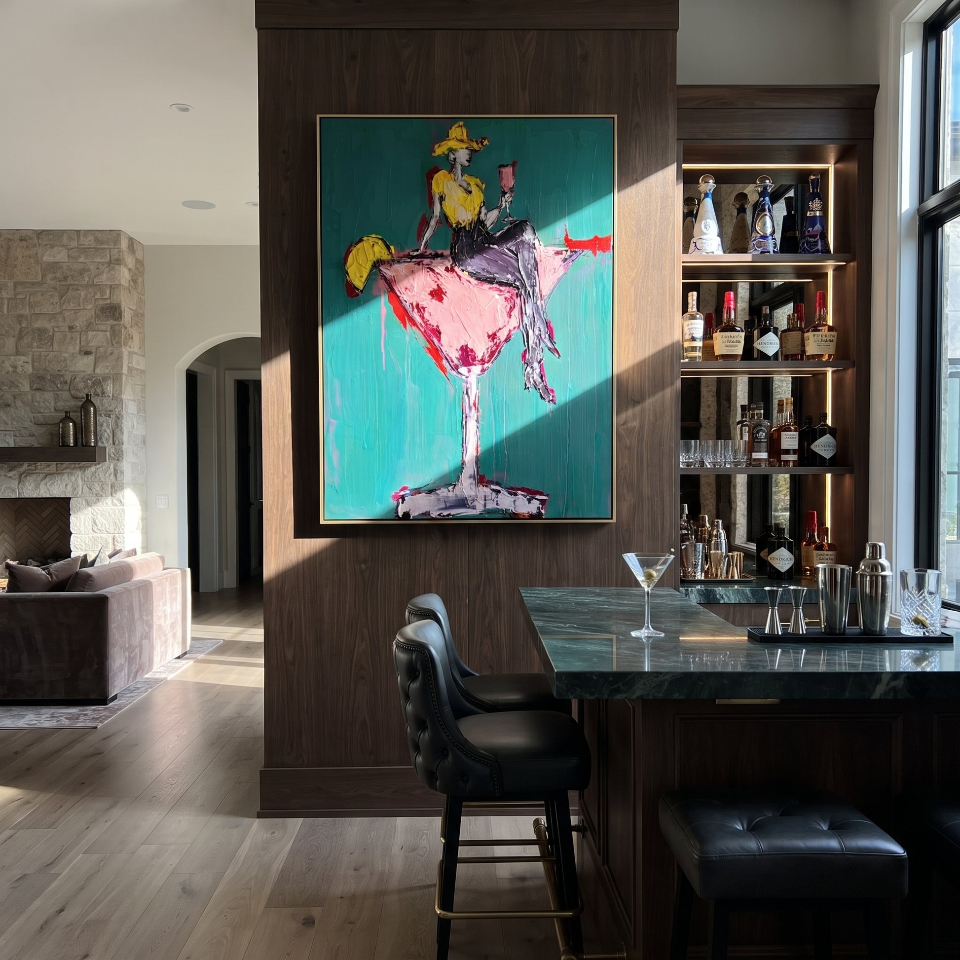 Pink Glass Carries Gold - cowgirl in martini glass painting by Ethan Mercer, contemporary Western vertical wall art – styled room scene view 4