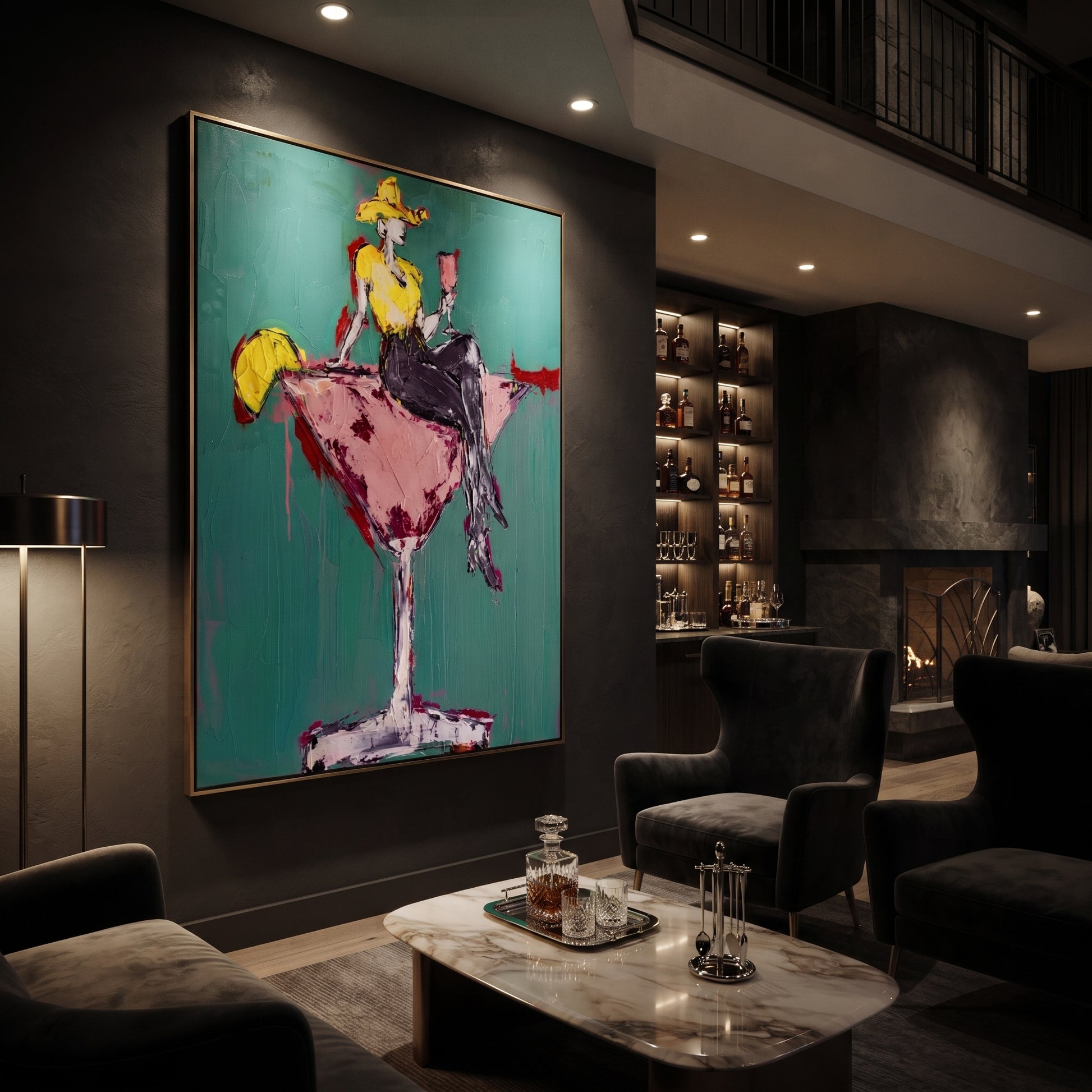 Pink Glass Carries Gold - cowgirl in martini glass painting by Ethan Mercer, contemporary Western vertical wall art – styled room scene view 5