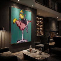 Pink Glass Carries Gold - cowgirl in martini glass painting by Ethan Mercer, contemporary Western vertical wall art – styled room scene view 5