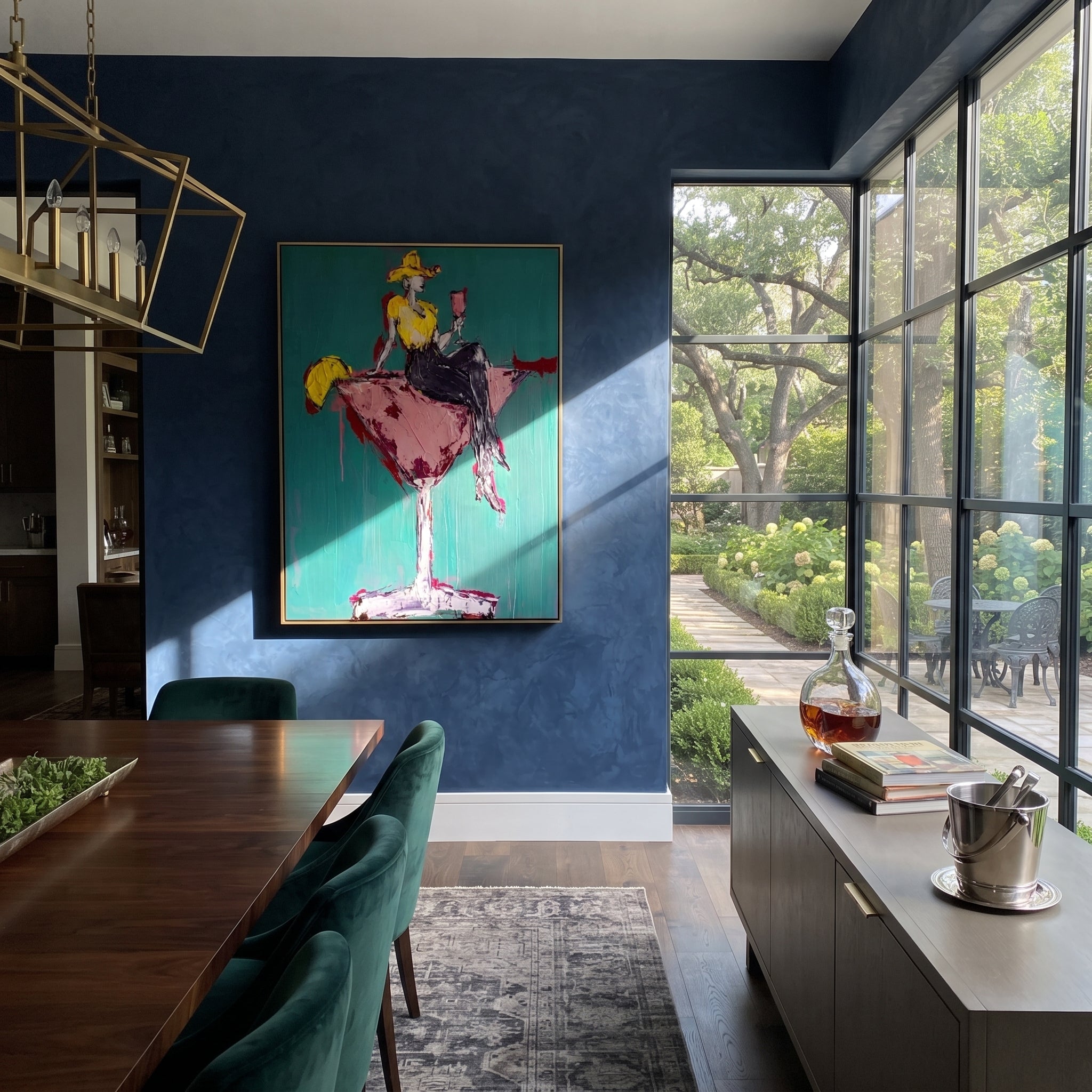 Pink Glass Carries Gold - cowgirl in martini glass painting by Ethan Mercer, contemporary Western vertical wall art – styled room scene view 6