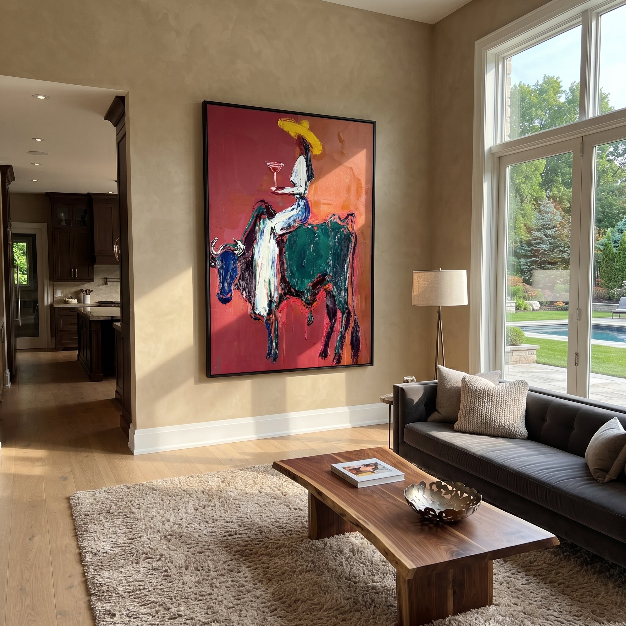 Rust Bull Bears Toast - cowgirl riding bull painting by Ethan Mercer, contemporary Western vertical wall art – styled room scene view 1
