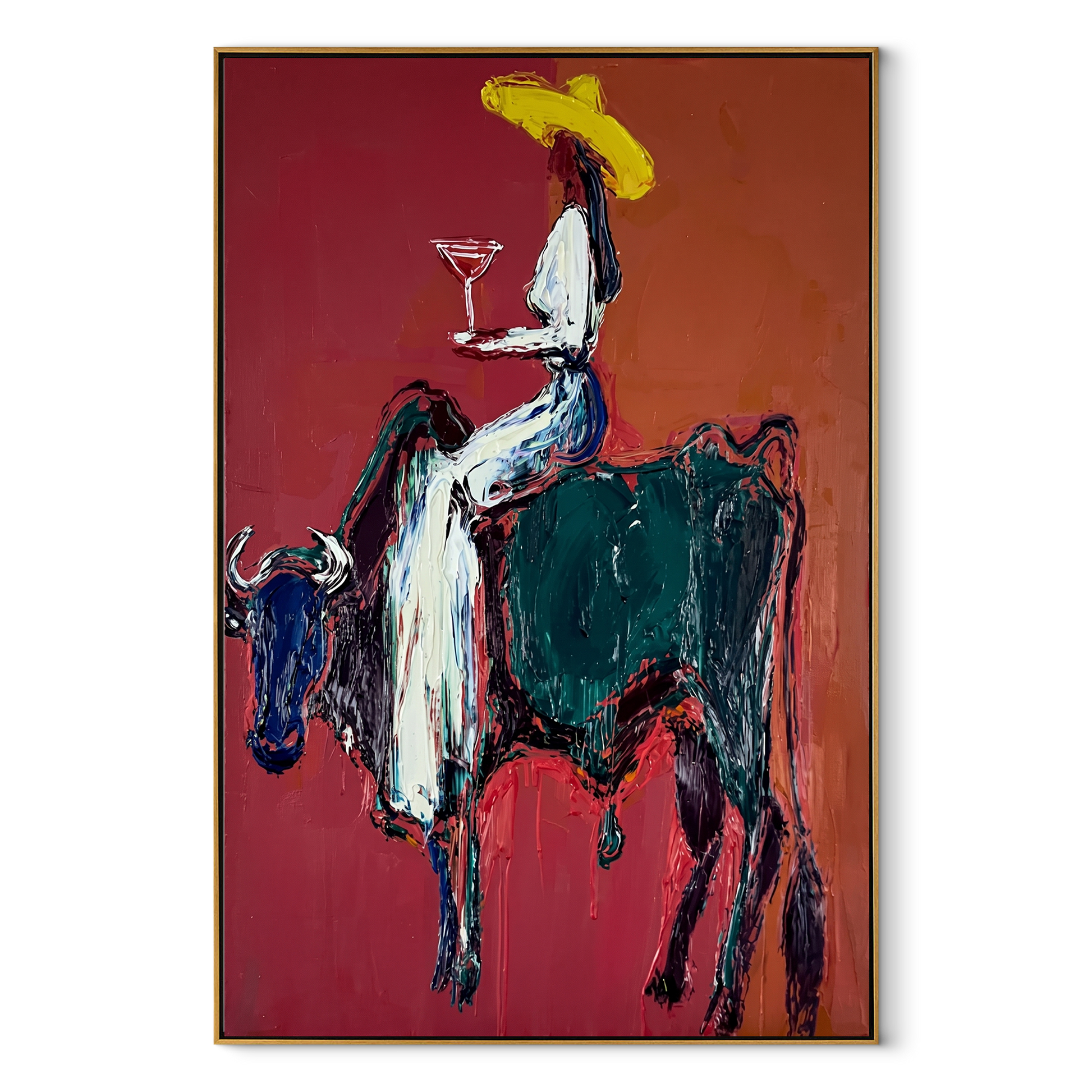 Rust Bull Bears Toast - cowgirl riding bull painting by Ethan Mercer, contemporary Western vertical wall art – wood frame on white background