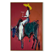 Rust Bull Bears Toast - cowgirl riding bull painting by Ethan Mercer, contemporary Western vertical wall art – wood frame on white background