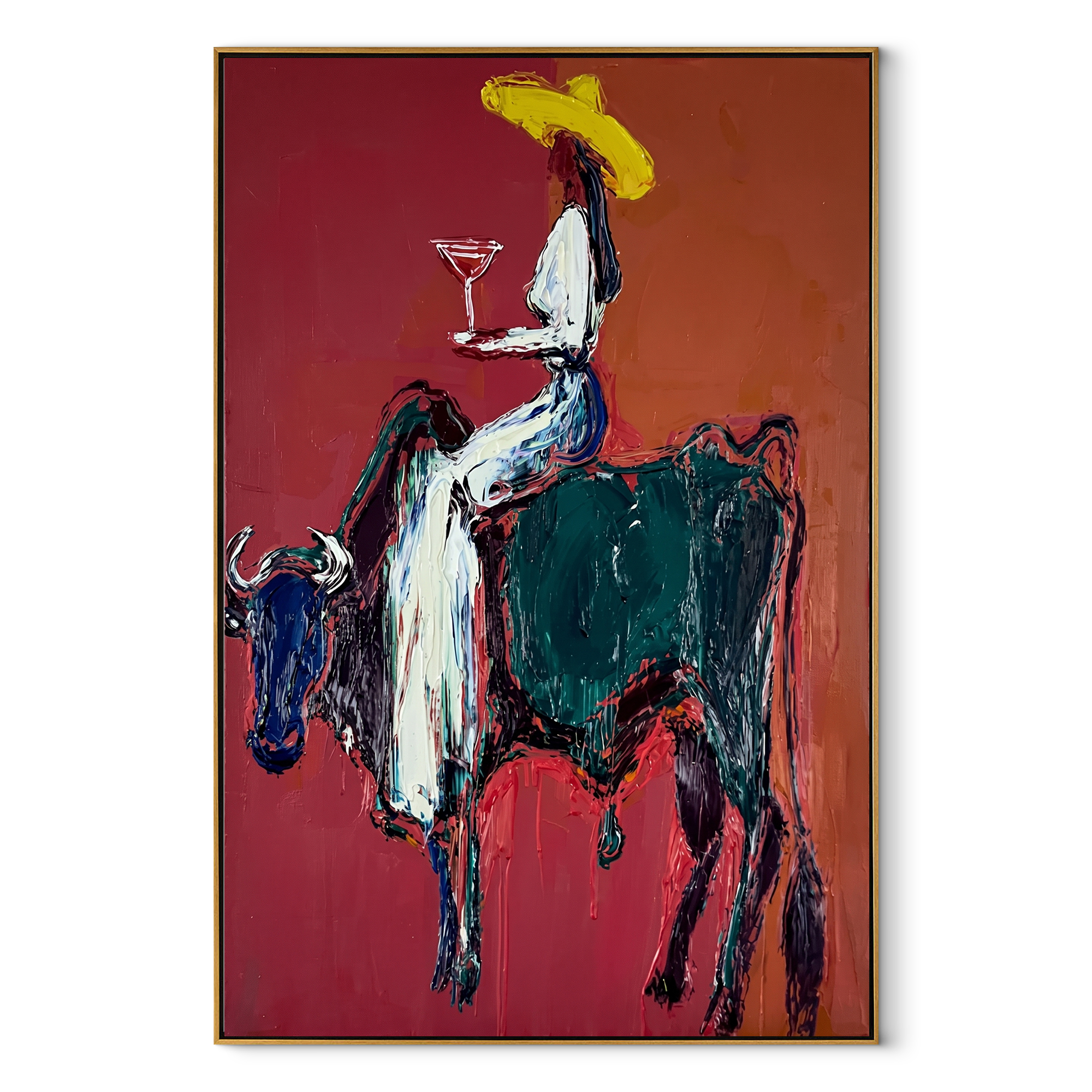 Rust Bull Bears Toast - cowgirl riding bull painting by Ethan Mercer, contemporary Western vertical wall art – wood frame on white background