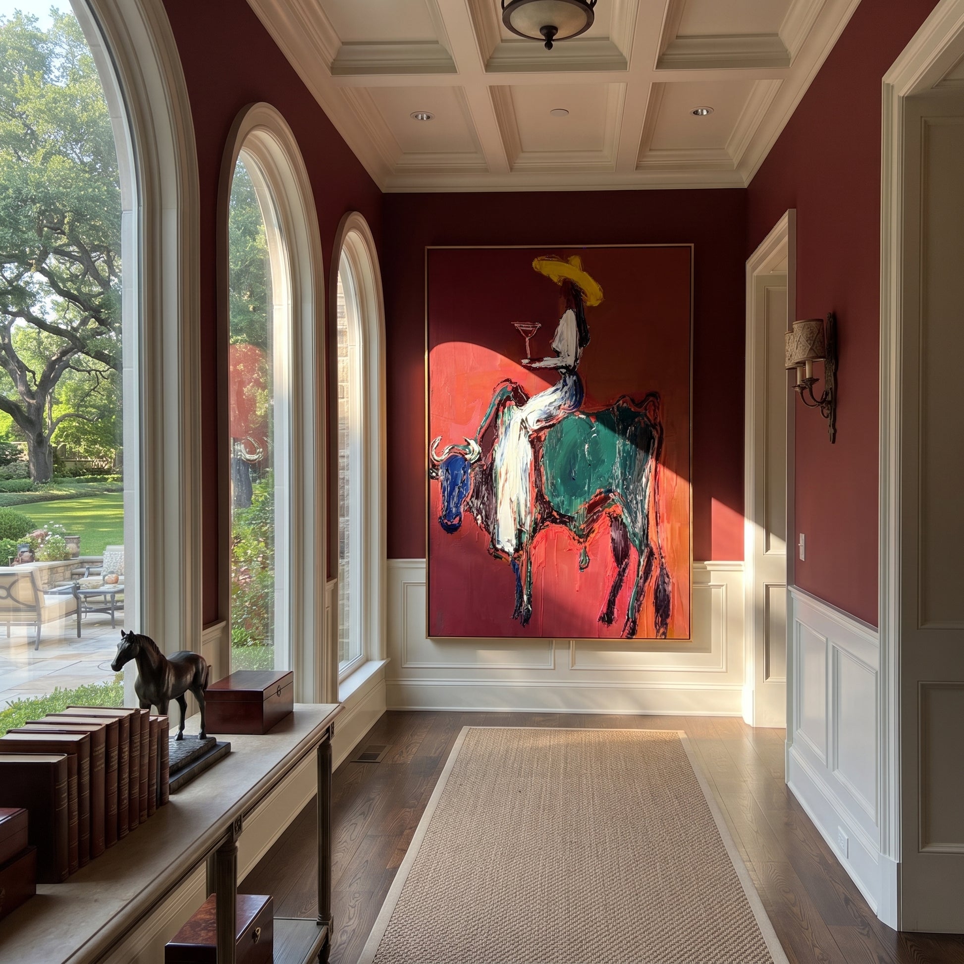 Rust Bull Bears Toast - cowgirl riding bull painting by Ethan Mercer, contemporary Western vertical wall art – styled room scene view 2