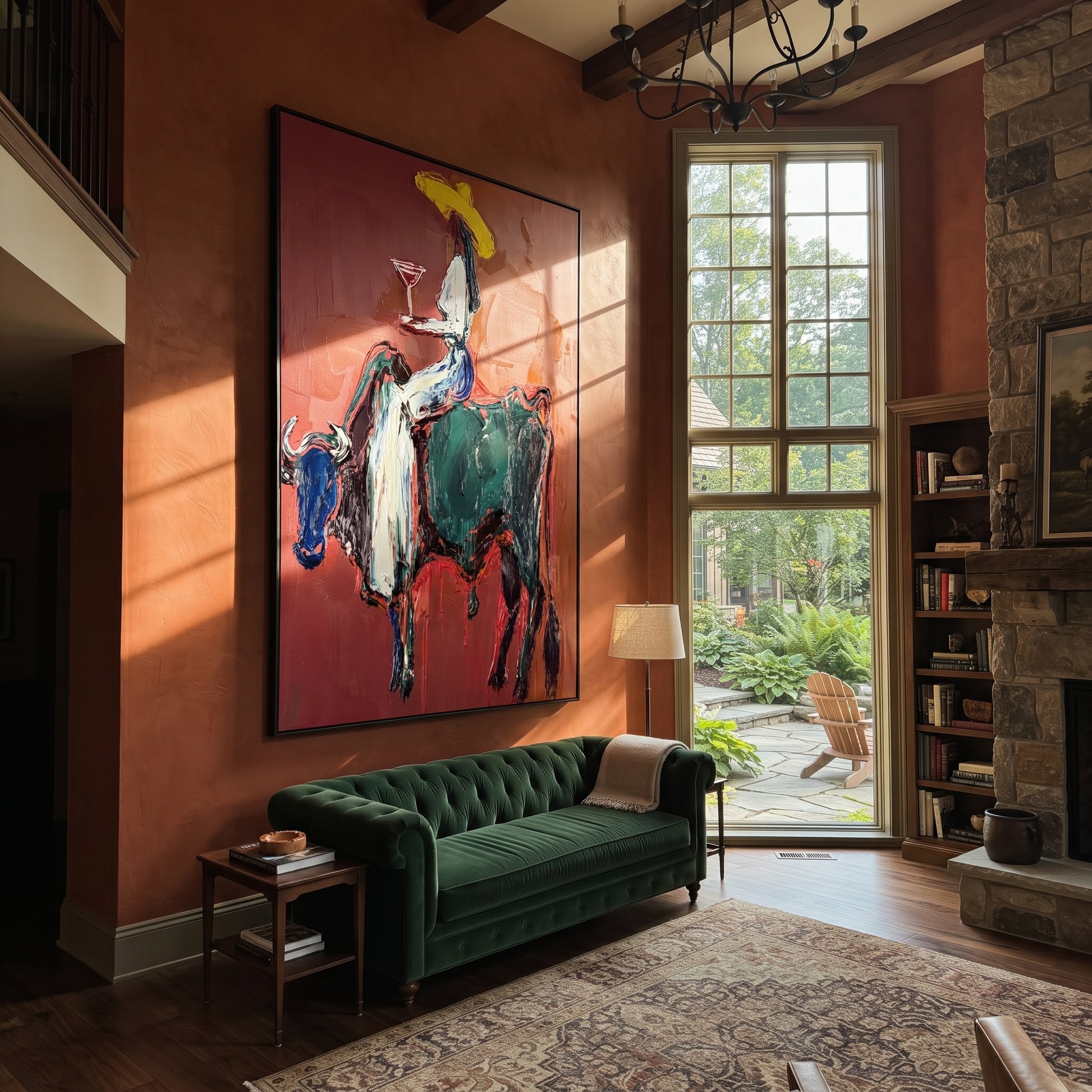 Rust Bull Bears Toast - cowgirl riding bull painting by Ethan Mercer, contemporary Western vertical wall art – styled room scene view 3