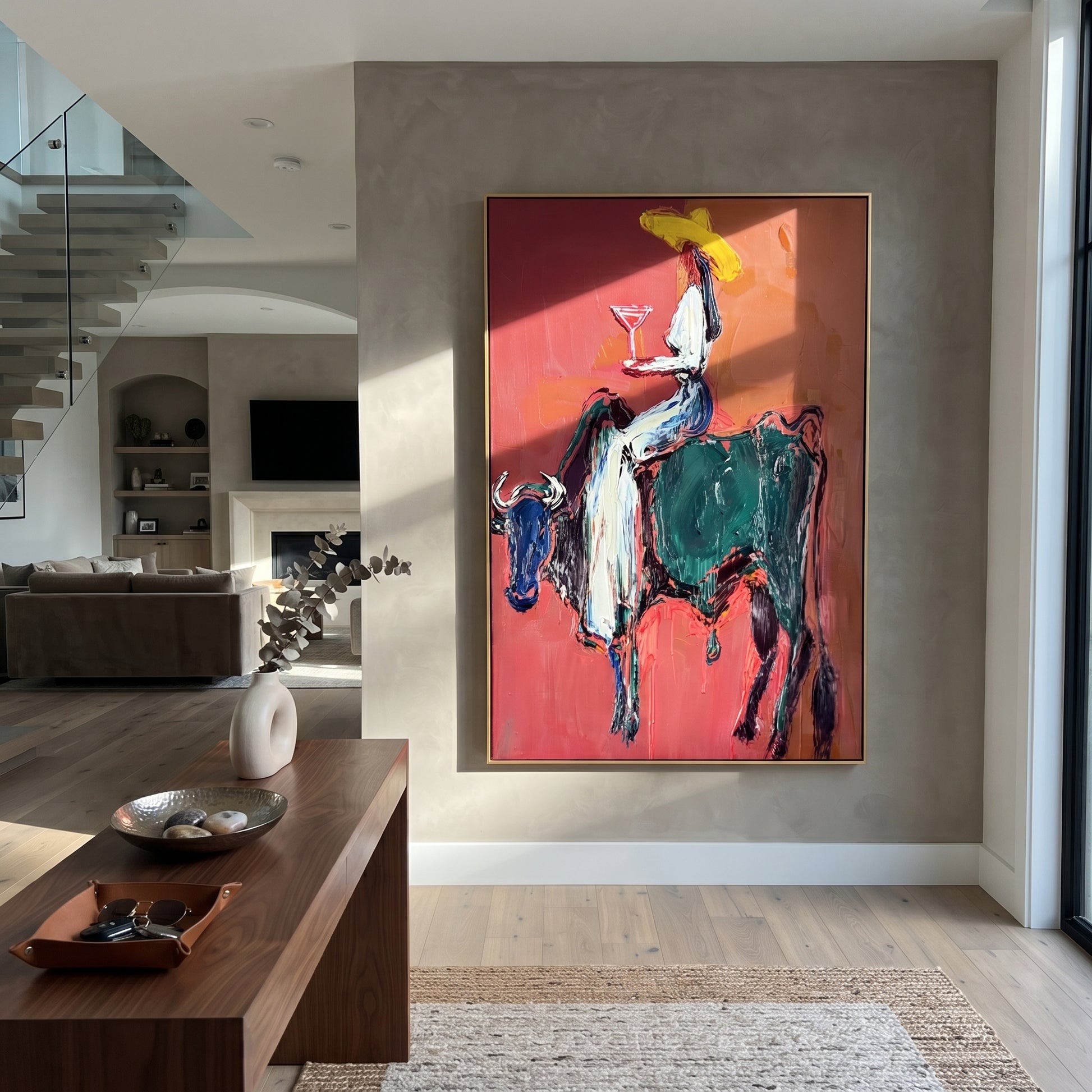 Rust Bull Bears Toast - cowgirl riding bull painting by Ethan Mercer, contemporary Western vertical wall art – styled room scene view 4