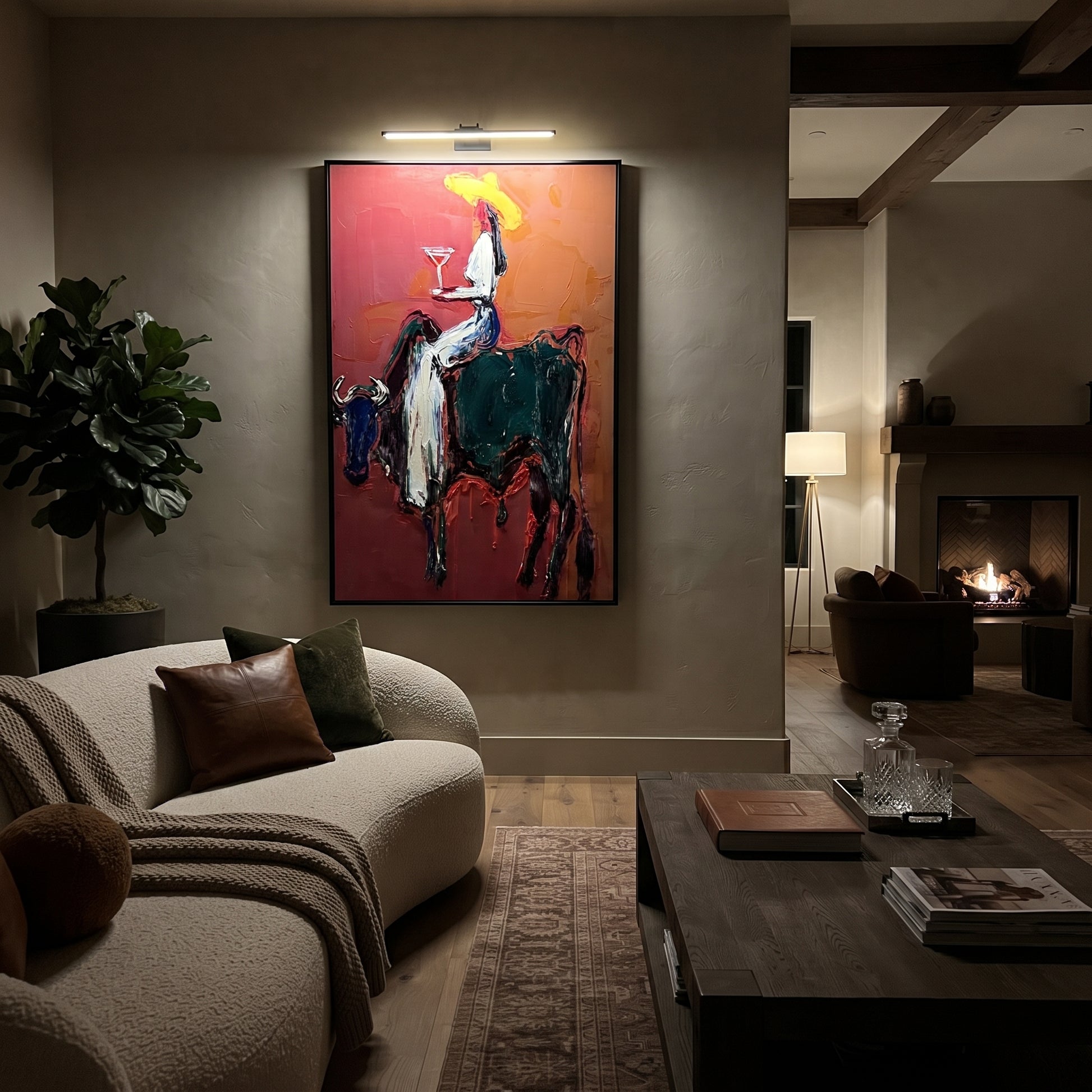Rust Bull Bears Toast - cowgirl riding bull painting by Ethan Mercer, contemporary Western vertical wall art – styled room scene view 5
