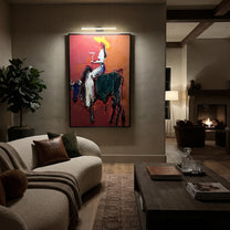 Rust Bull Bears Toast - cowgirl riding bull painting by Ethan Mercer, contemporary Western vertical wall art – styled room scene view 5