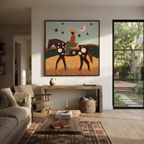 Crescent Guides Star Horse - moonlit rider horse painting by Ethan Mercer, contemporary Western square wall art – styled room scene view 1