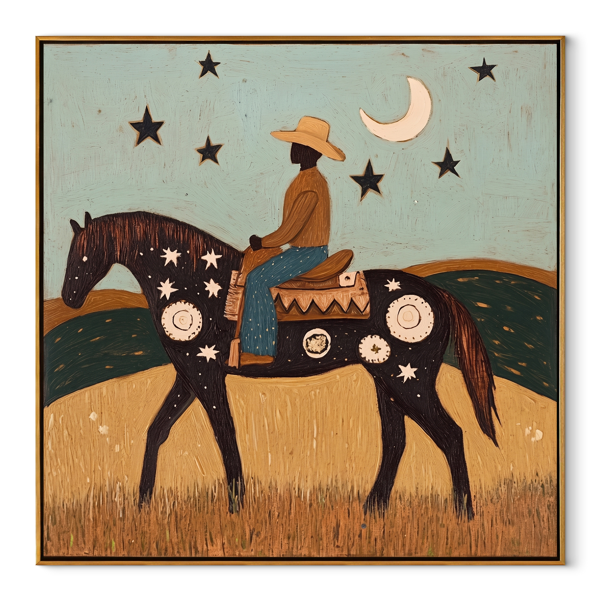 Crescent Guides Star Horse - moonlit rider horse painting by Ethan Mercer, contemporary Western square wall art – wood frame on white background