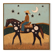 Crescent Guides Star Horse - moonlit rider horse painting by Ethan Mercer, contemporary Western square wall art – wood frame on white background