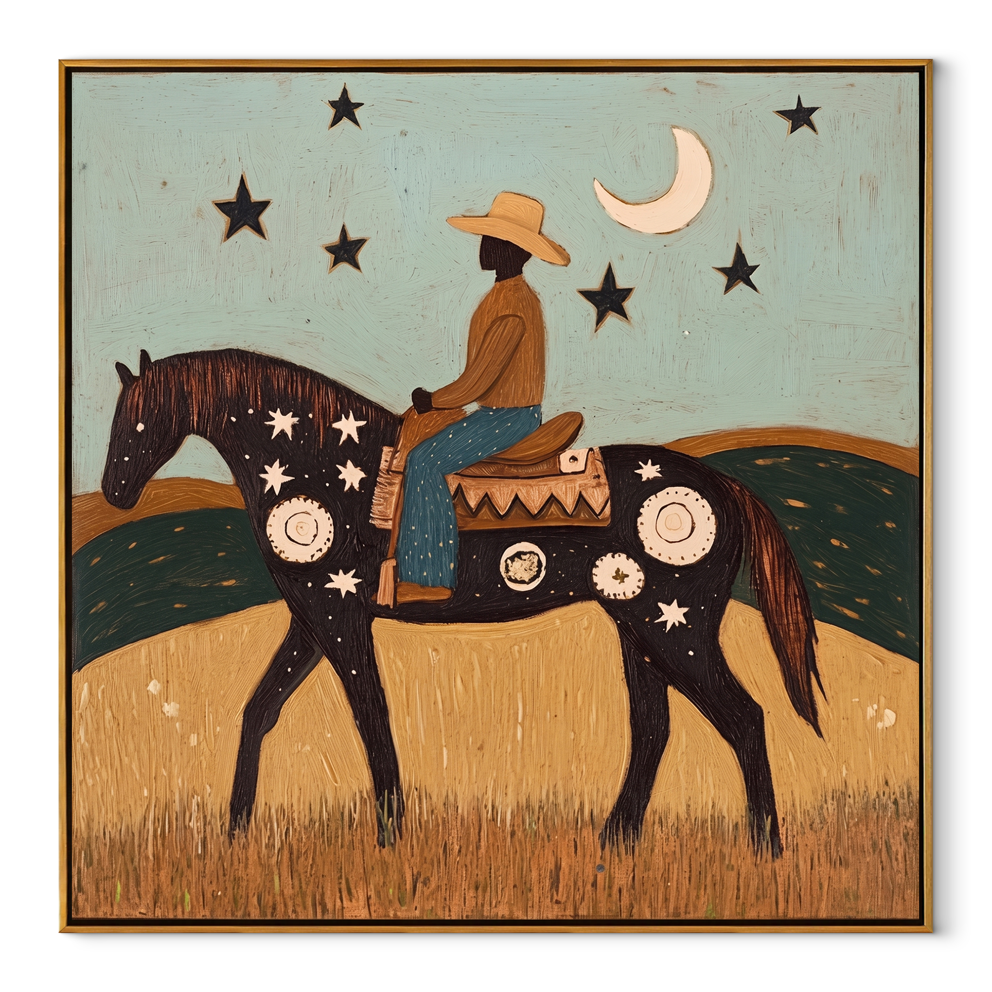 Crescent Guides Star Horse - moonlit rider horse painting by Ethan Mercer, contemporary Western square wall art – wood frame on white background