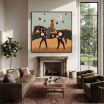 Crescent Guides Star Horse - moonlit rider horse painting by Ethan Mercer, contemporary Western square wall art – styled room scene view 2