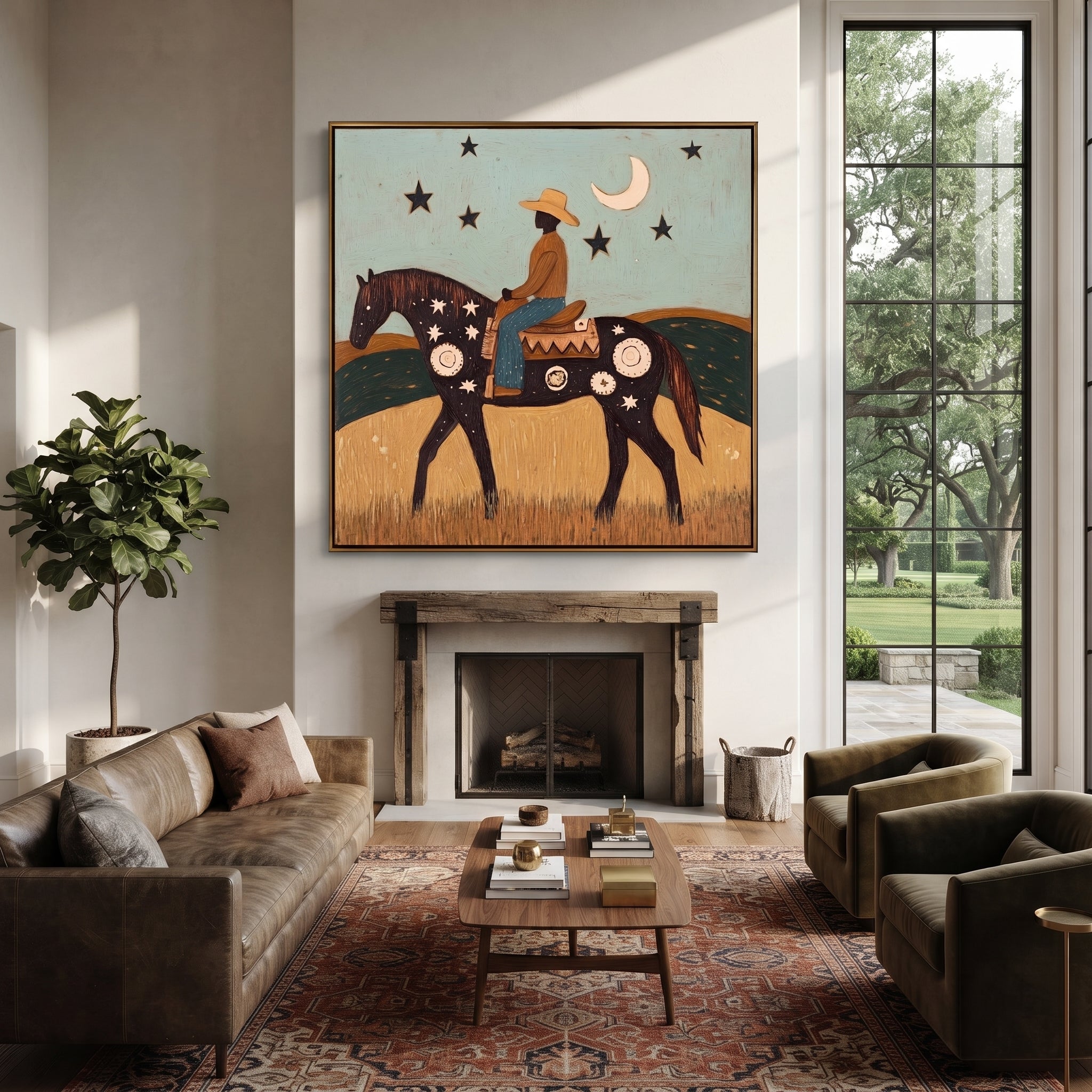 Crescent Guides Star Horse - moonlit rider horse painting by Ethan Mercer, contemporary Western square wall art – styled room scene view 2