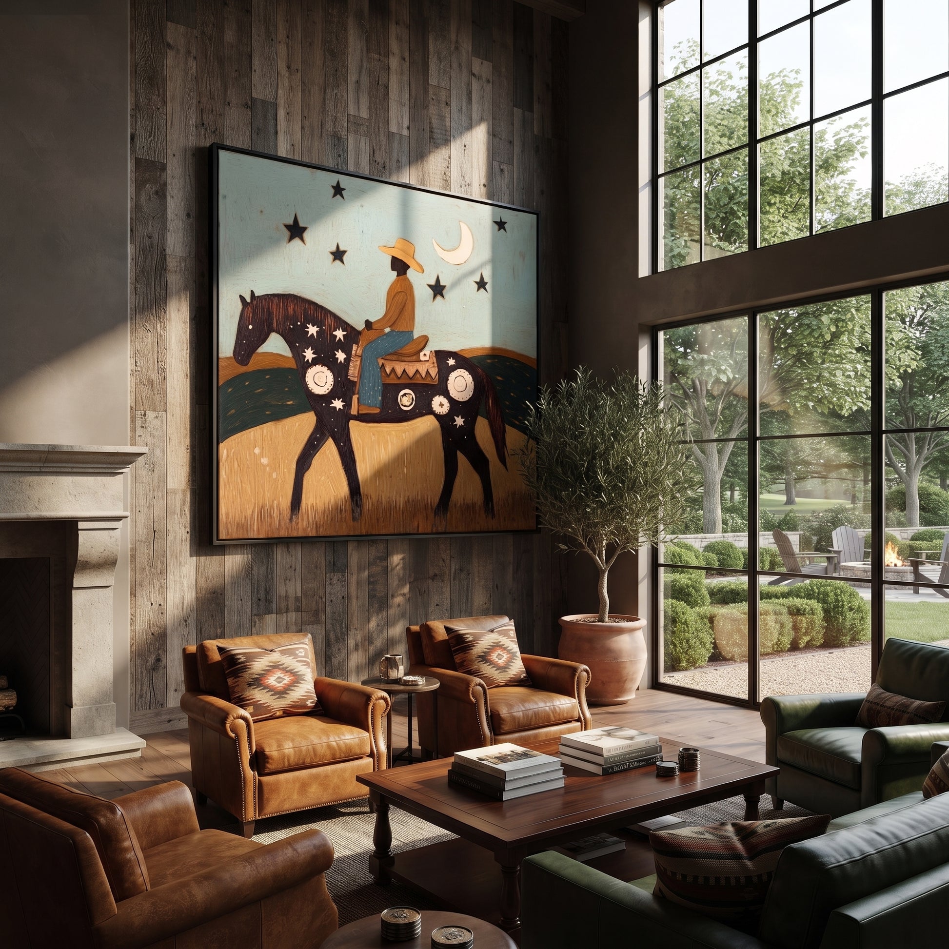 Crescent Guides Star Horse - moonlit rider horse painting by Ethan Mercer, contemporary Western square wall art – styled room scene view 3