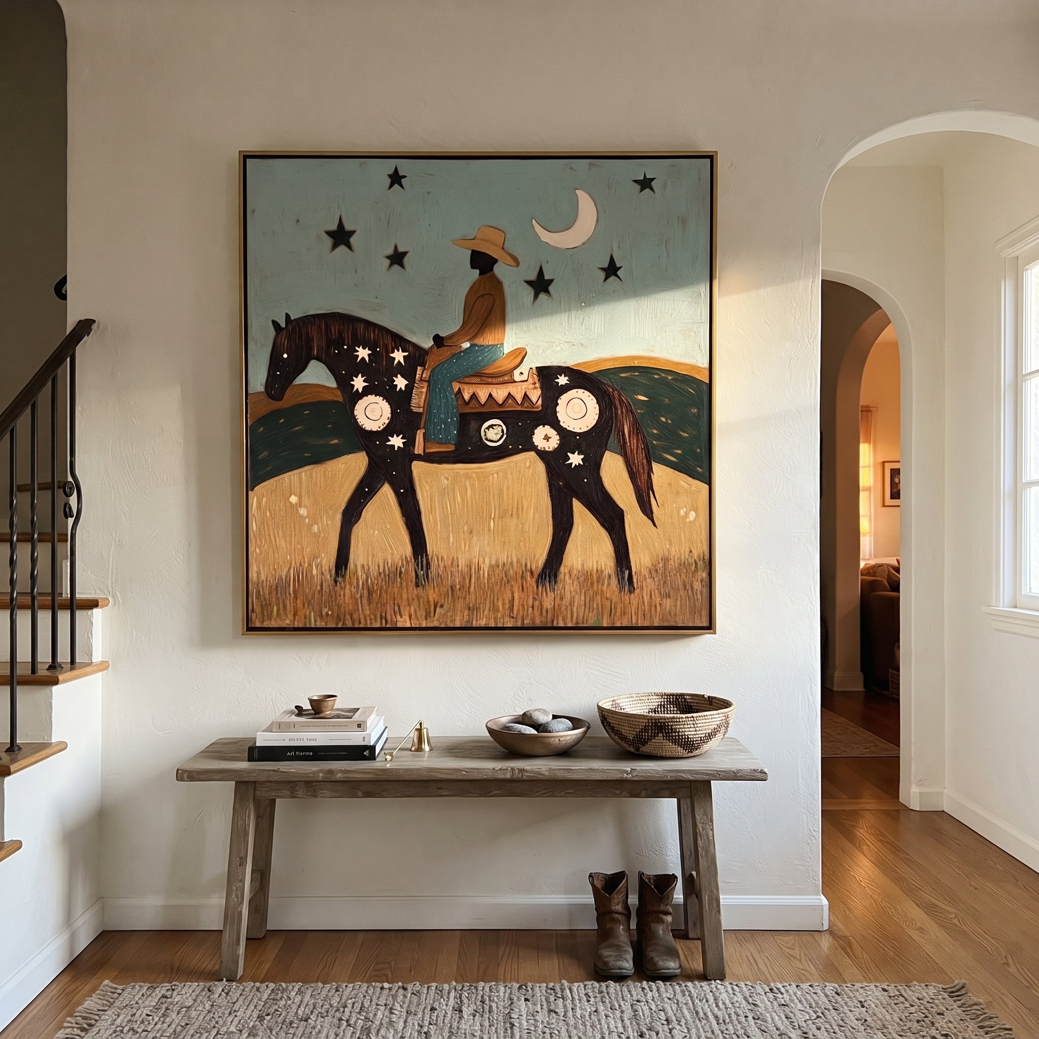 Crescent Guides Star Horse - moonlit rider horse painting by Ethan Mercer, contemporary Western square wall art – styled room scene view 5