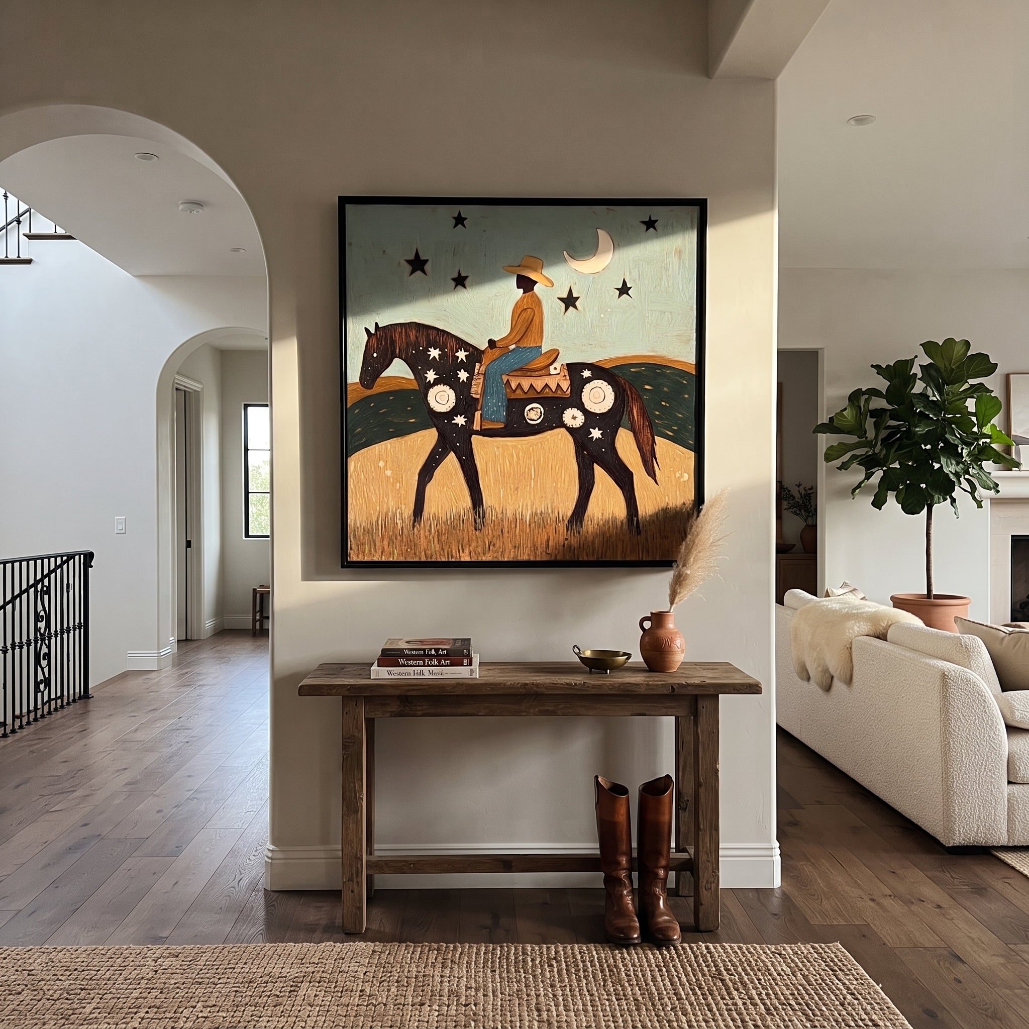 Crescent Guides Star Horse - moonlit rider horse painting by Ethan Mercer, contemporary Western square wall art – styled room scene view 6