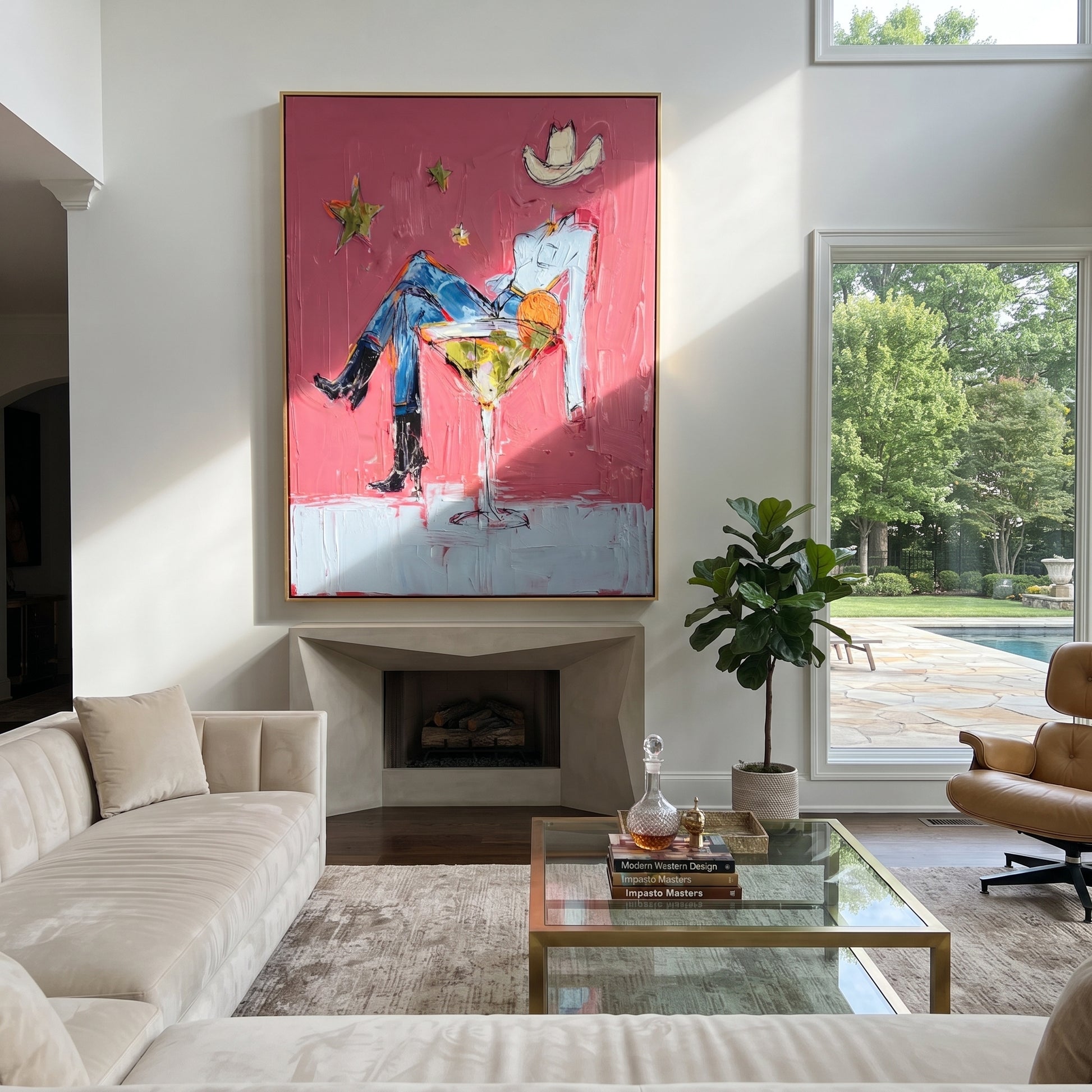 Blue Legs Fill Glass - cowboy in cocktail glass painting by Ethan Mercer, contemporary Western vertical wall art – styled room scene view 1