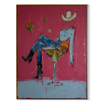 Blue Legs Fill Glass - cowboy in cocktail glass painting by Ethan Mercer, contemporary Western vertical wall art – wood frame on white background