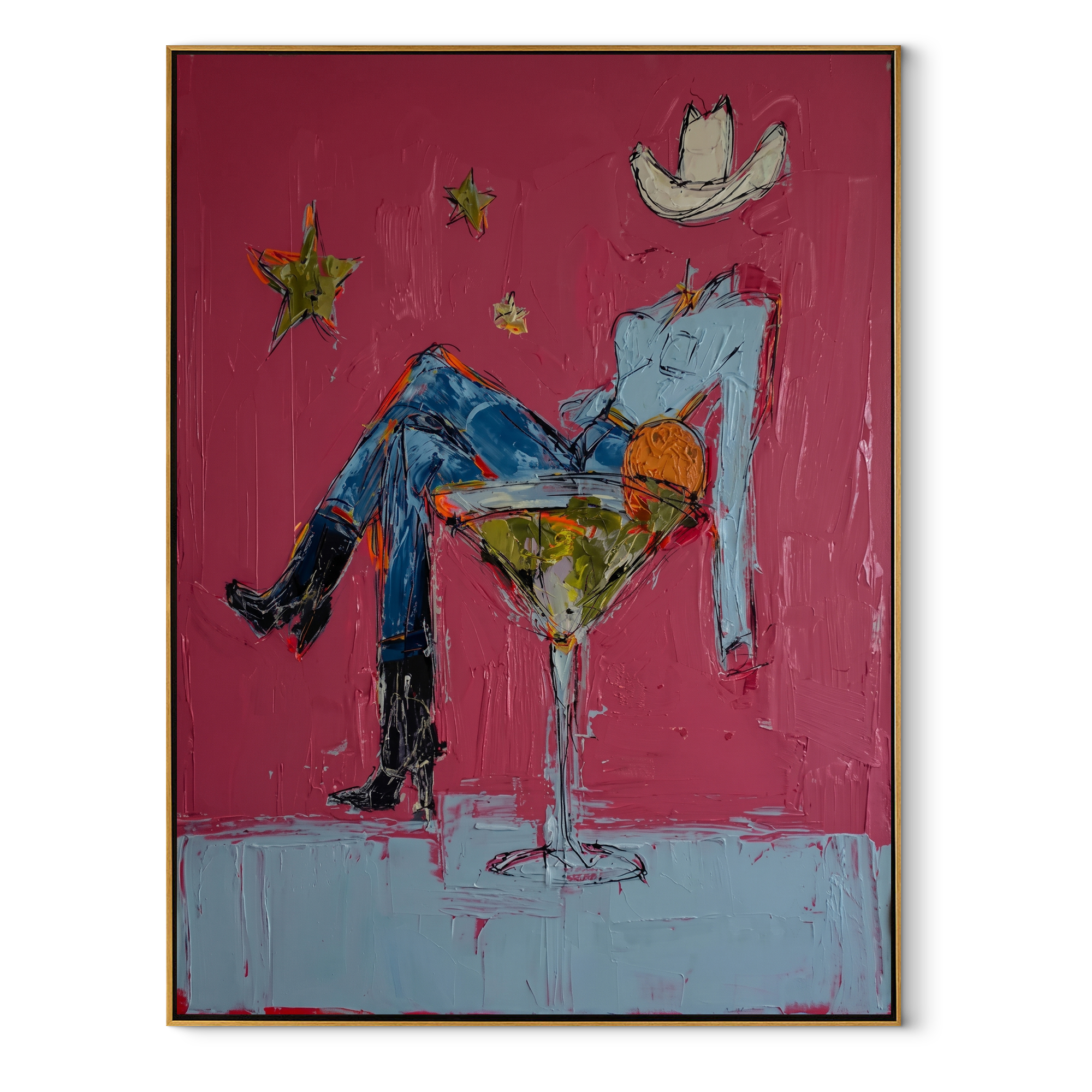 Blue Legs Fill Glass - cowboy in cocktail glass painting by Ethan Mercer, contemporary Western vertical wall art – wood frame on white background