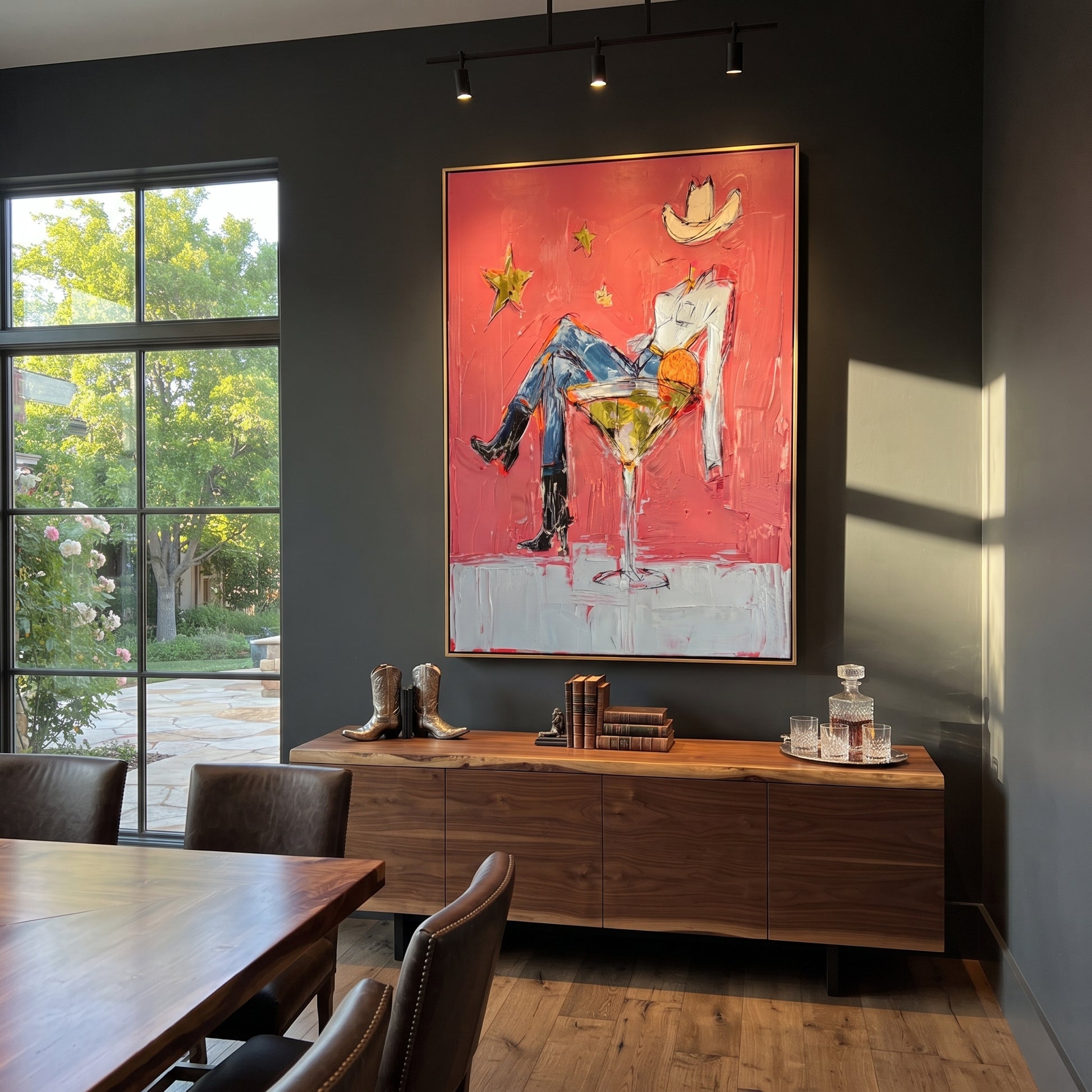 Blue Legs Fill Glass - cowboy in cocktail glass painting by Ethan Mercer, contemporary Western vertical wall art – styled room scene view 2