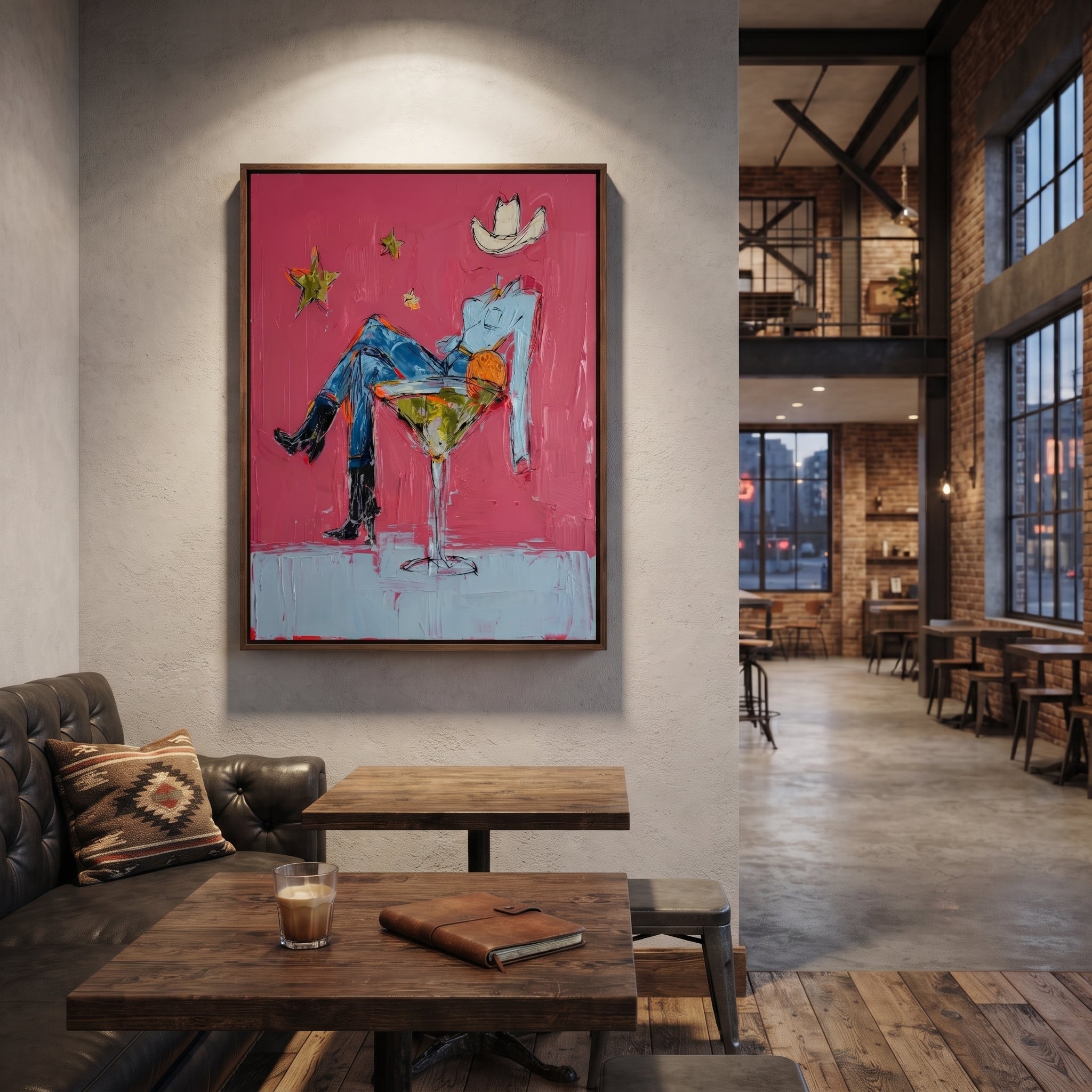 Blue Legs Fill Glass - cowboy in cocktail glass painting by Ethan Mercer, contemporary Western vertical wall art – styled room scene view 4