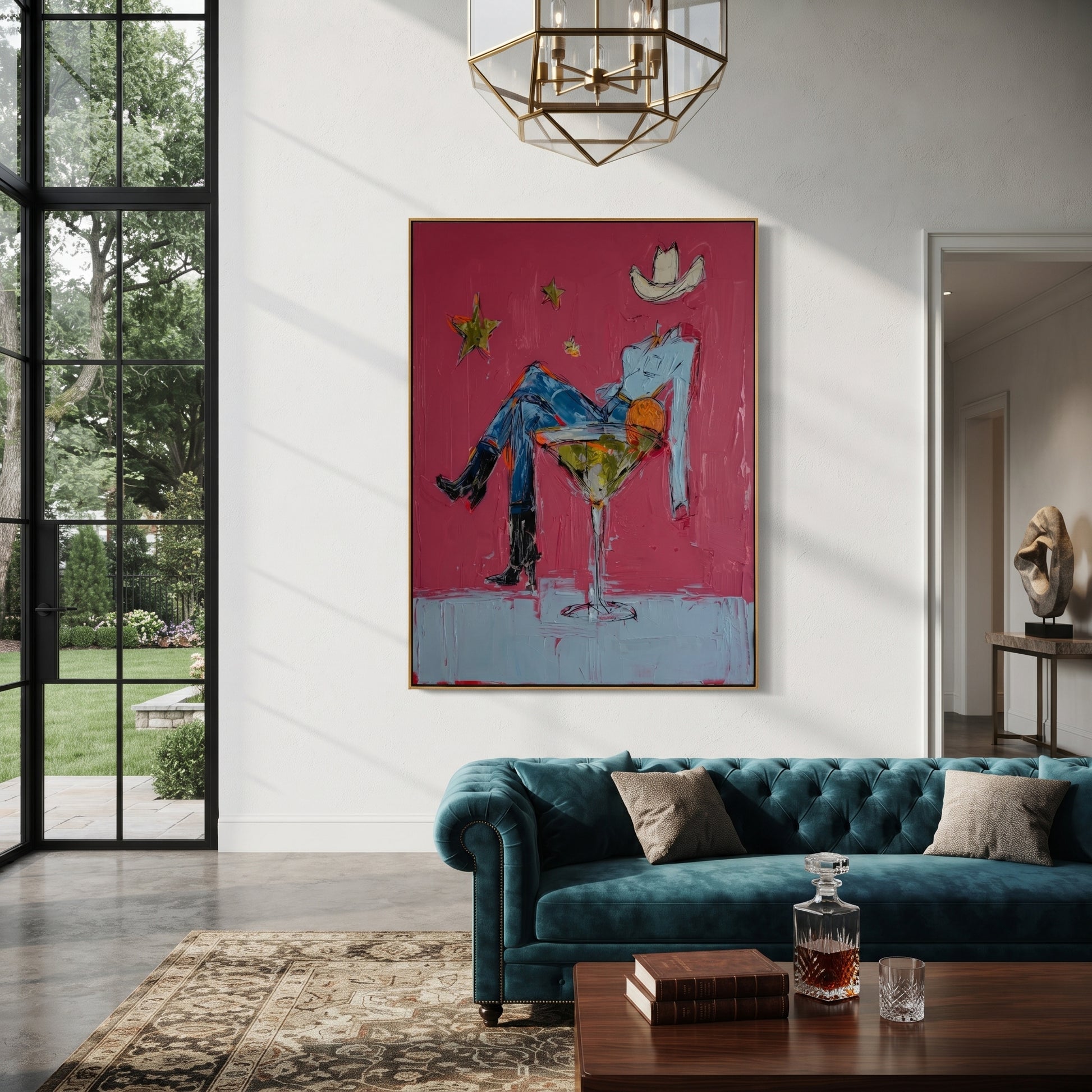 Blue Legs Fill Glass - cowboy in cocktail glass painting by Ethan Mercer, contemporary Western vertical wall art – styled room scene view 5