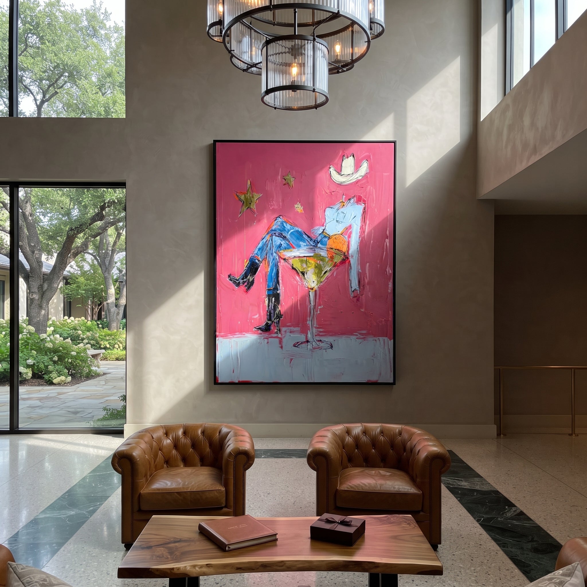 Blue Legs Fill Glass - cowboy in cocktail glass painting by Ethan Mercer, contemporary Western vertical wall art – styled room scene view 6