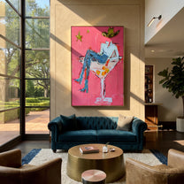 White Glass Holds Denim - cowboy martini glass painting by Ethan Mercer, contemporary Western vertical wall art – styled room scene view 1
