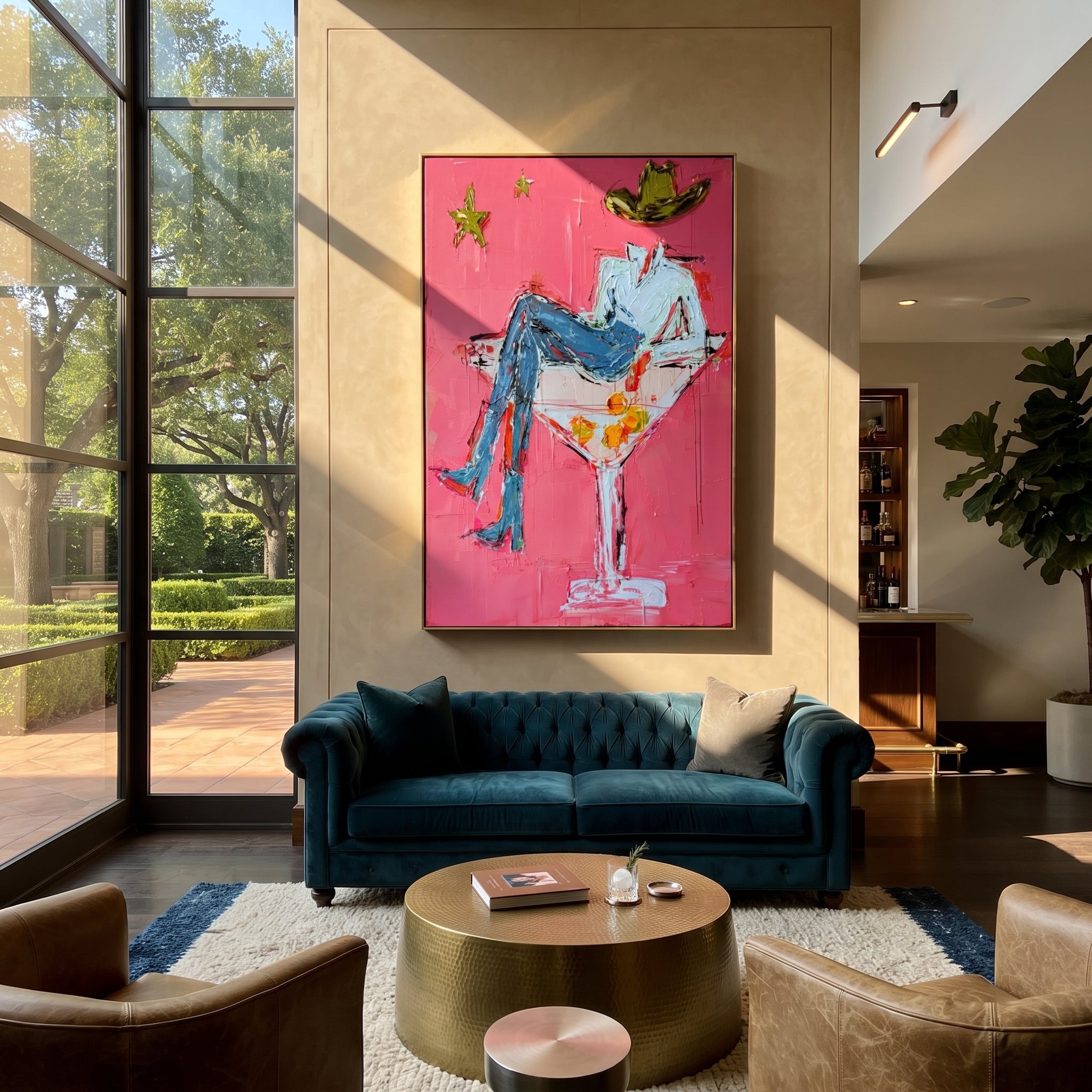 White Glass Holds Denim - cowboy martini glass painting by Ethan Mercer, contemporary Western vertical wall art – styled room scene view 1