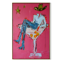 White Glass Holds Denim - cowboy martini glass painting by Ethan Mercer, contemporary Western vertical wall art – wood frame on white background