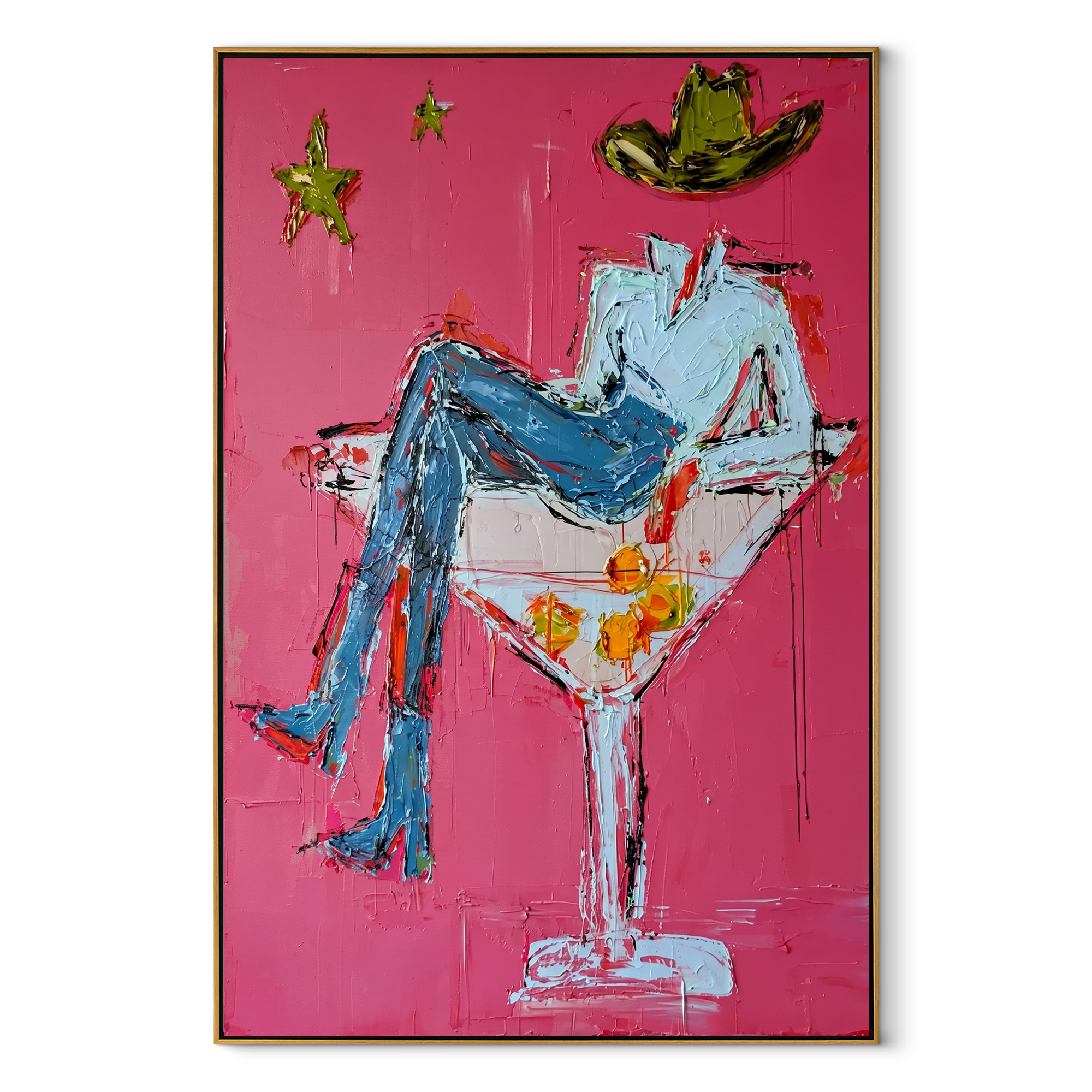 White Glass Holds Denim - cowboy martini glass painting by Ethan Mercer, contemporary Western vertical wall art – wood frame on white background