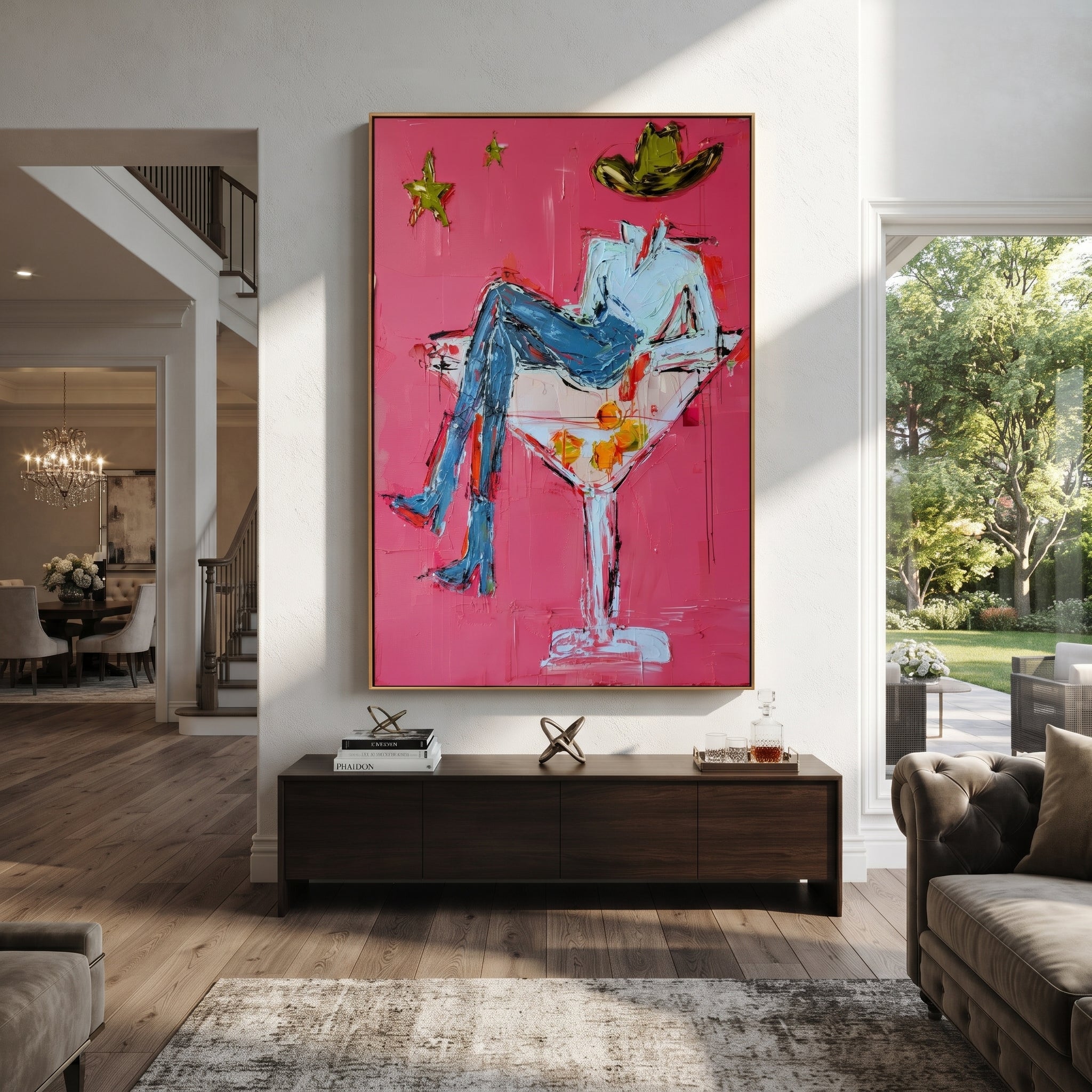 White Glass Holds Denim - cowboy martini glass painting by Ethan Mercer, contemporary Western vertical wall art – styled room scene view 2