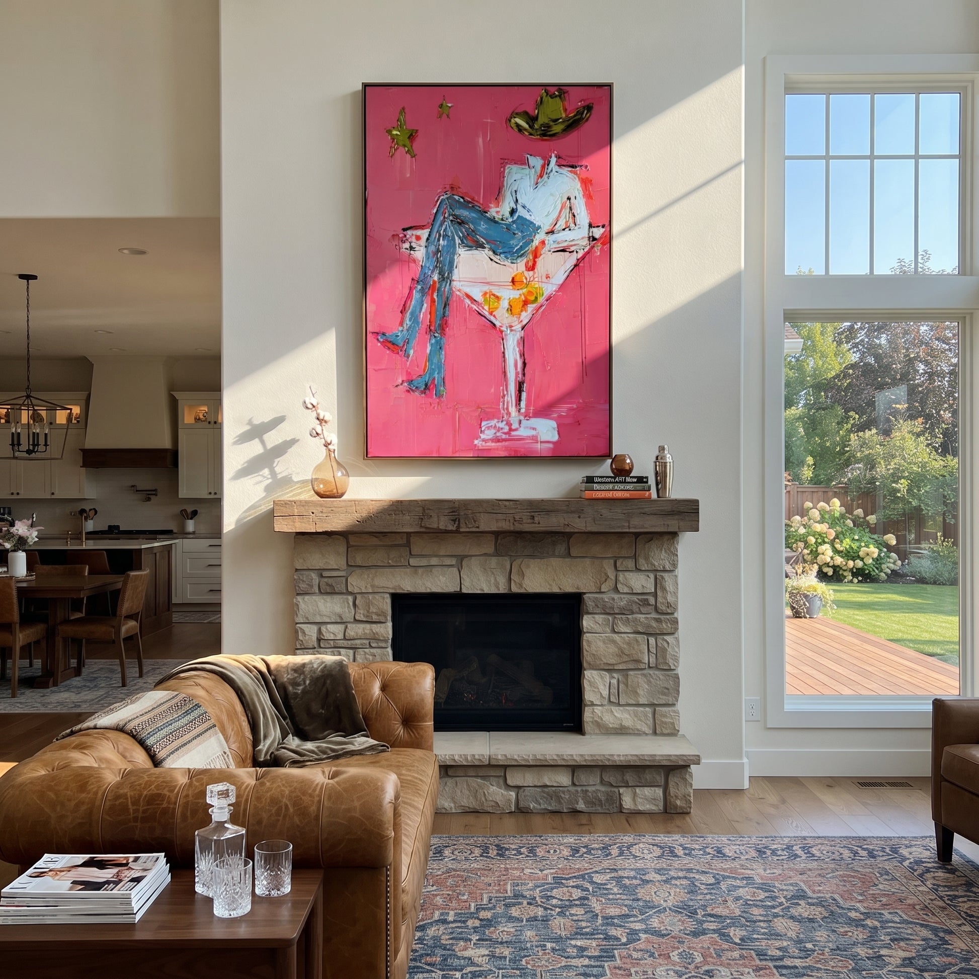 White Glass Holds Denim - cowboy martini glass painting by Ethan Mercer, contemporary Western vertical wall art – styled room scene view 3