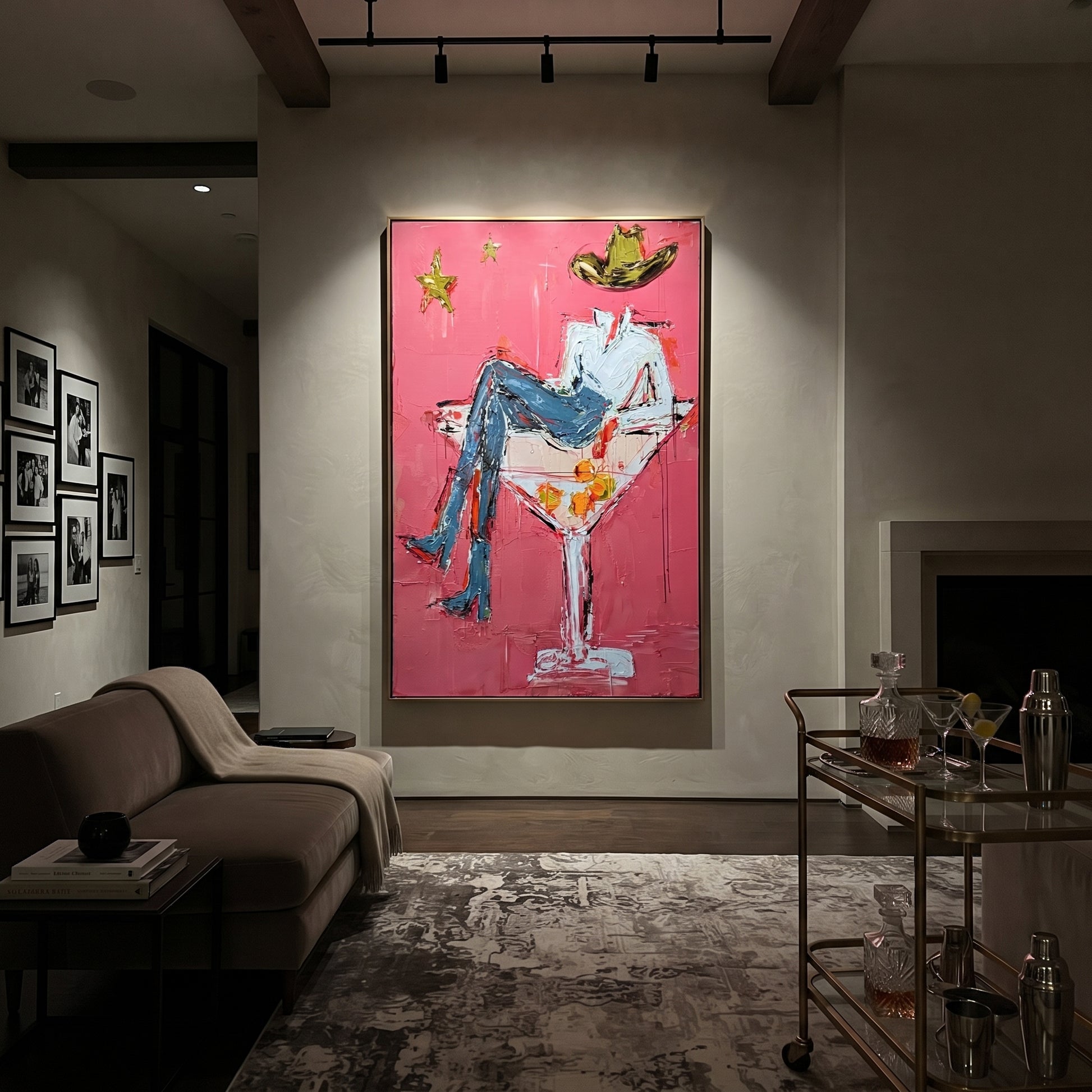 White Glass Holds Denim - cowboy martini glass painting by Ethan Mercer, contemporary Western vertical wall art – styled room scene view 4