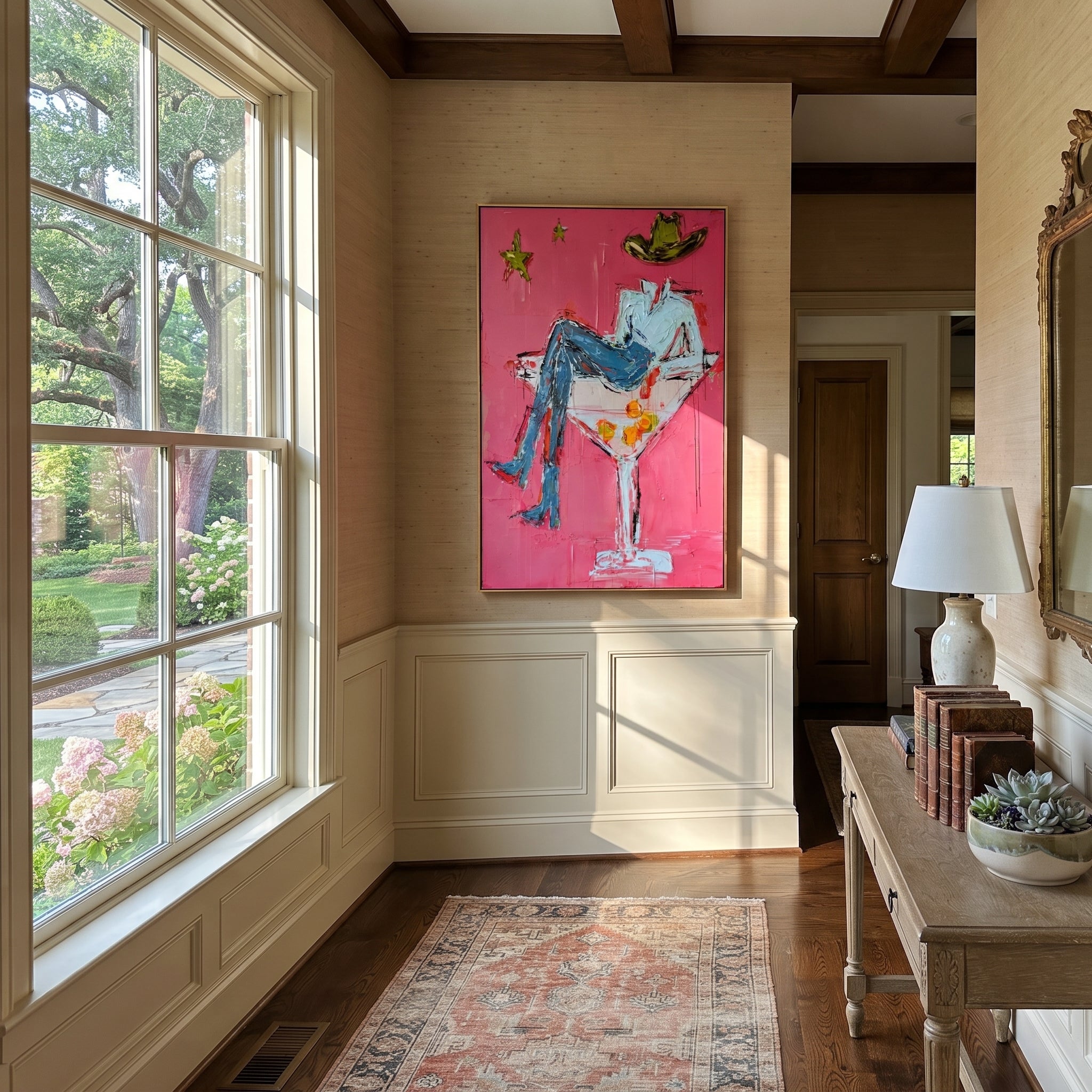 White Glass Holds Denim - cowboy martini glass painting by Ethan Mercer, contemporary Western vertical wall art – styled room scene view 5