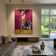 Pale Rider Crowns Teal - cowgirl riding teal bull painting by Ethan Mercer, contemporary Western vertical wall art – styled room scene view 1